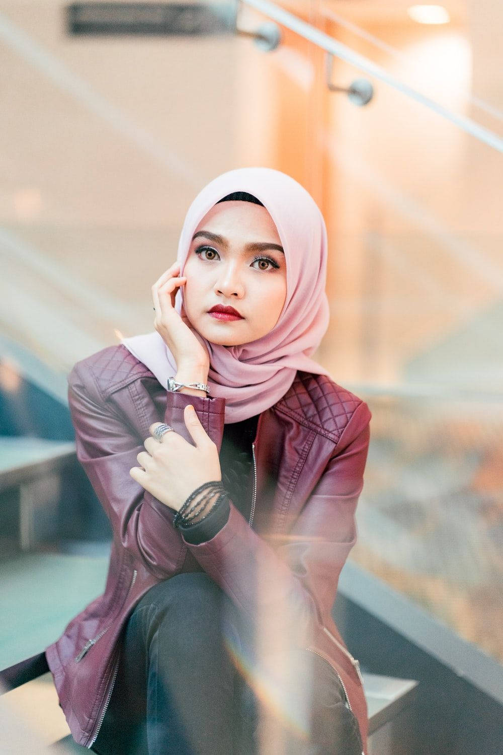 pink hijab, maroon leather jacket, modern stairs, HD Phone Wallpaper