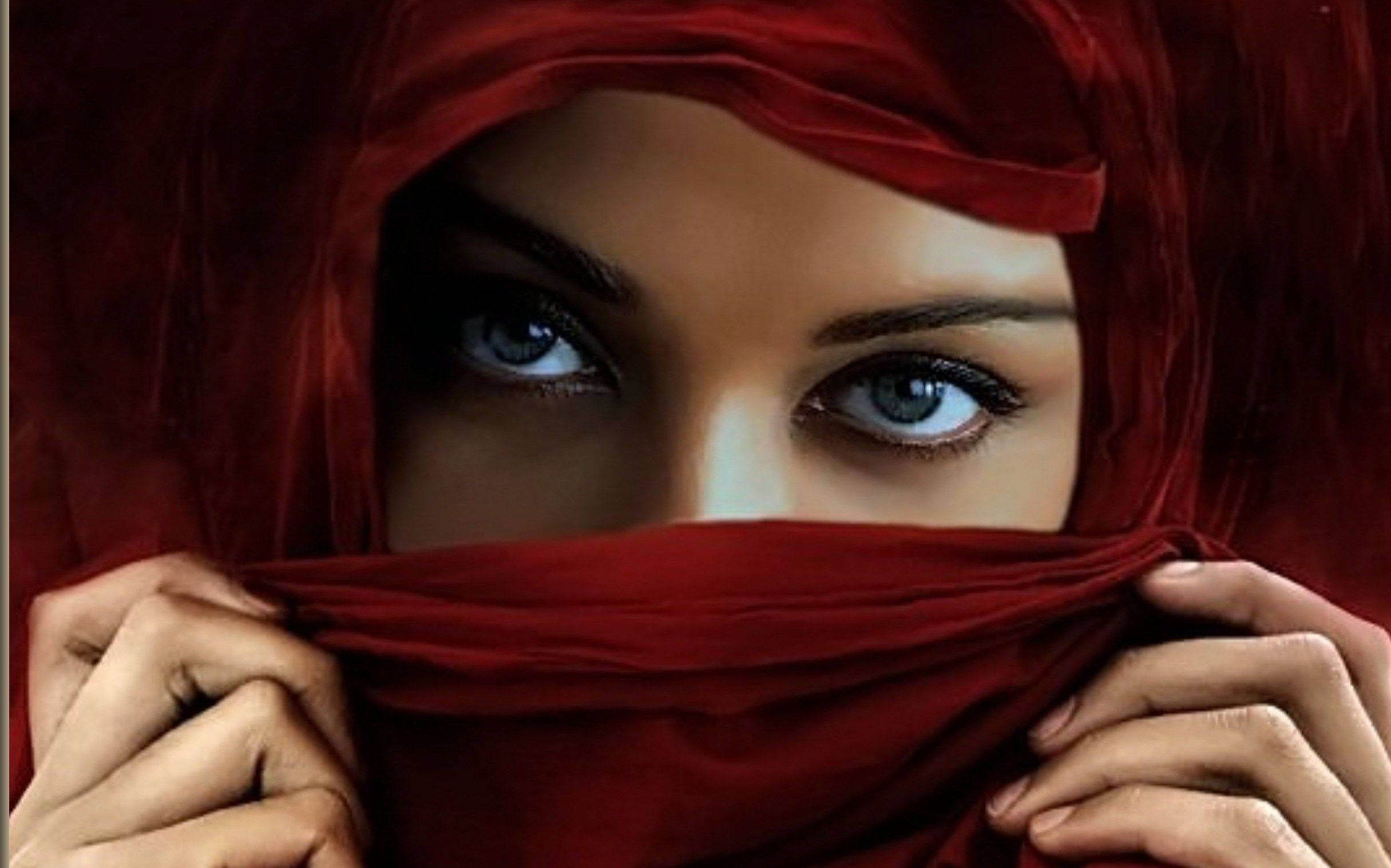 hijab girl, piercing blue eyes, rich red veil, Full HD Desktop Wallpaper