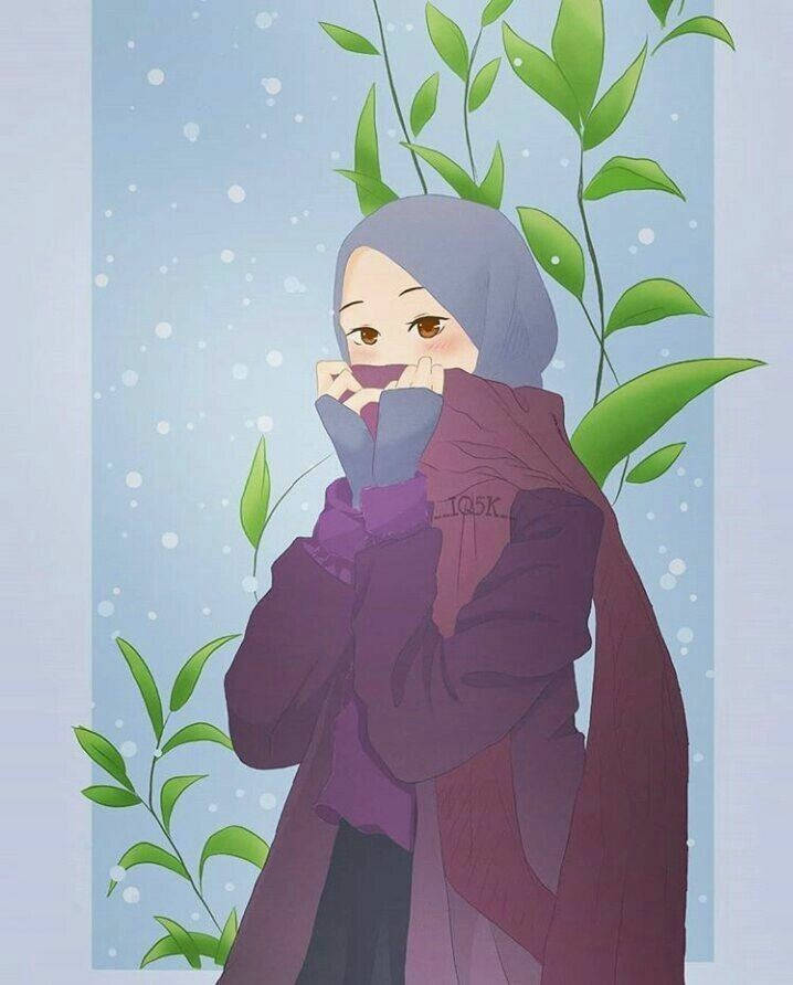 hijab cartoon shy girl, purple hijab, green vines, SD Phone Wallpaper