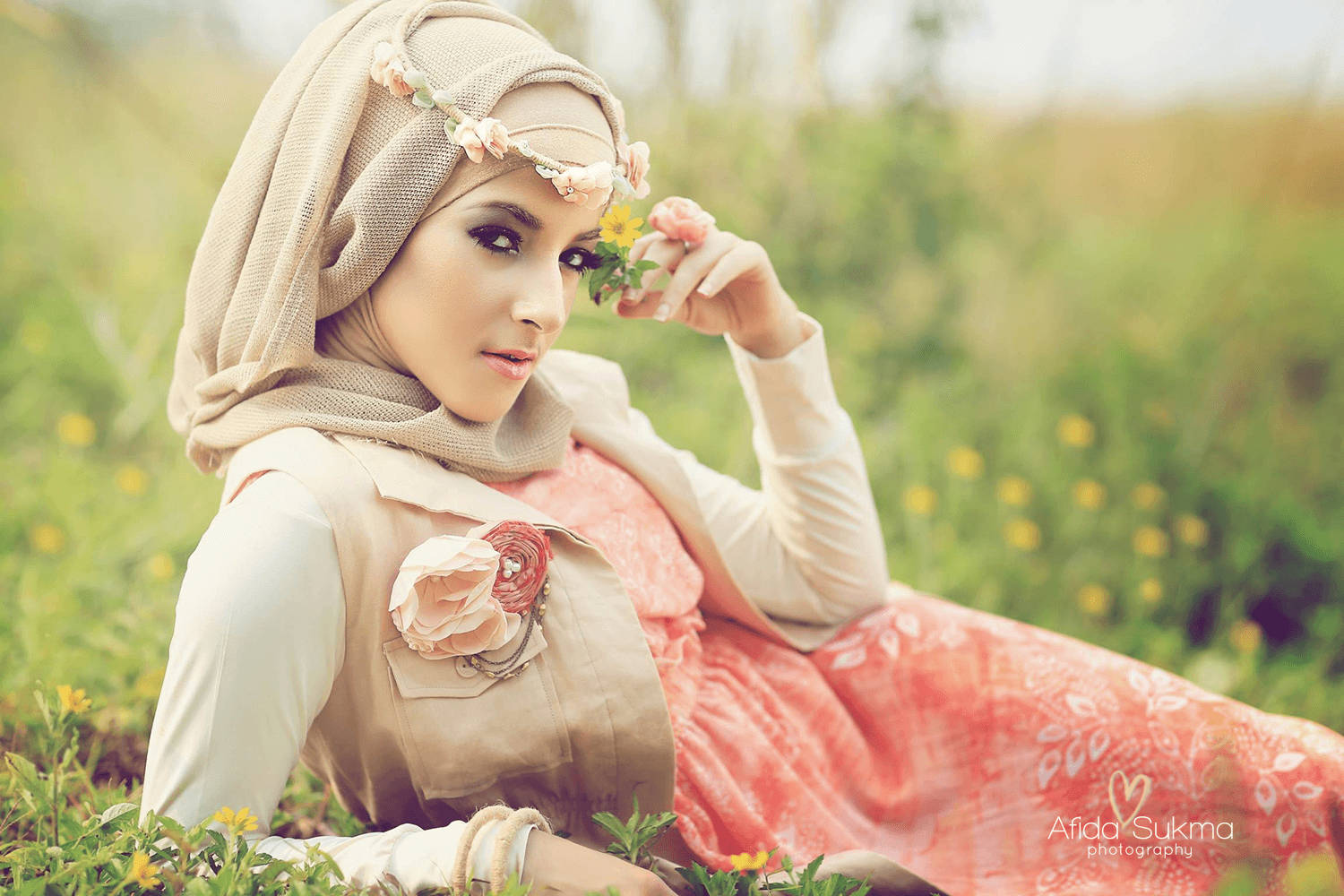 hijab girl, beige hijab, flowers, HD Desktop Wallpaper