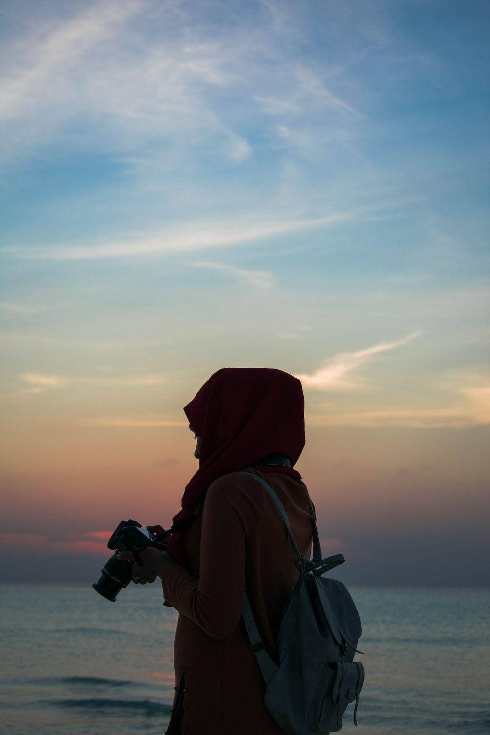 hijab girl, red hijab, camera, HD Phone Wallpaper