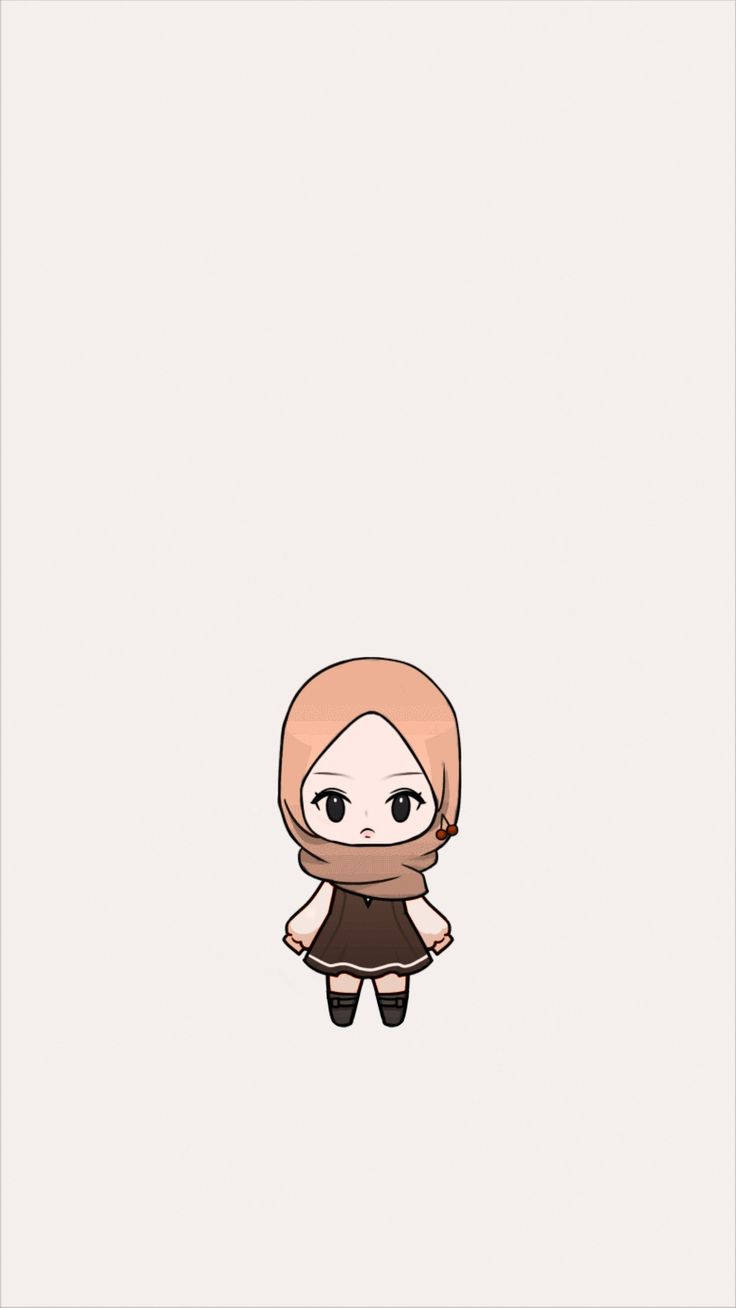 little girl hijab cartoon, peach hijab, brown dress, HD Phone Wallpaper
