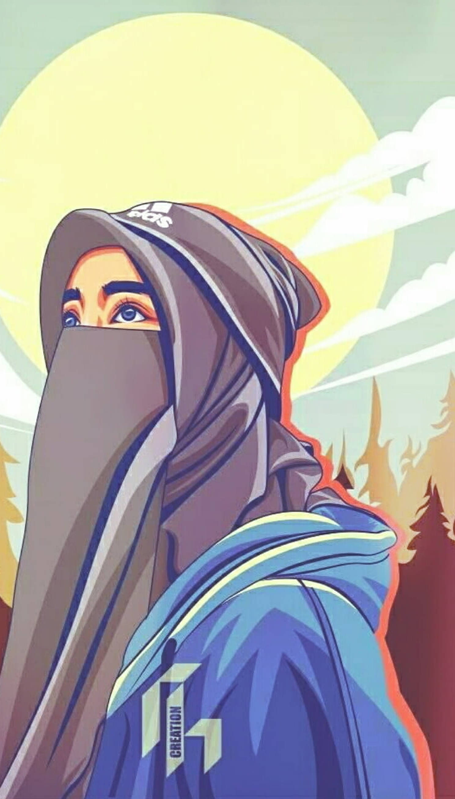 Cartoon Hijab Girl Sun, grey hijab, blue hoodie, 2K Phone Wallpaper