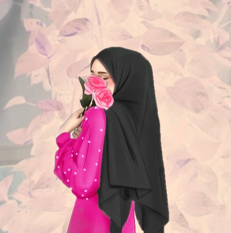 hijab cartoon pink rose, black hijab, pink polka-dot dress, SD Phone Wallpaper