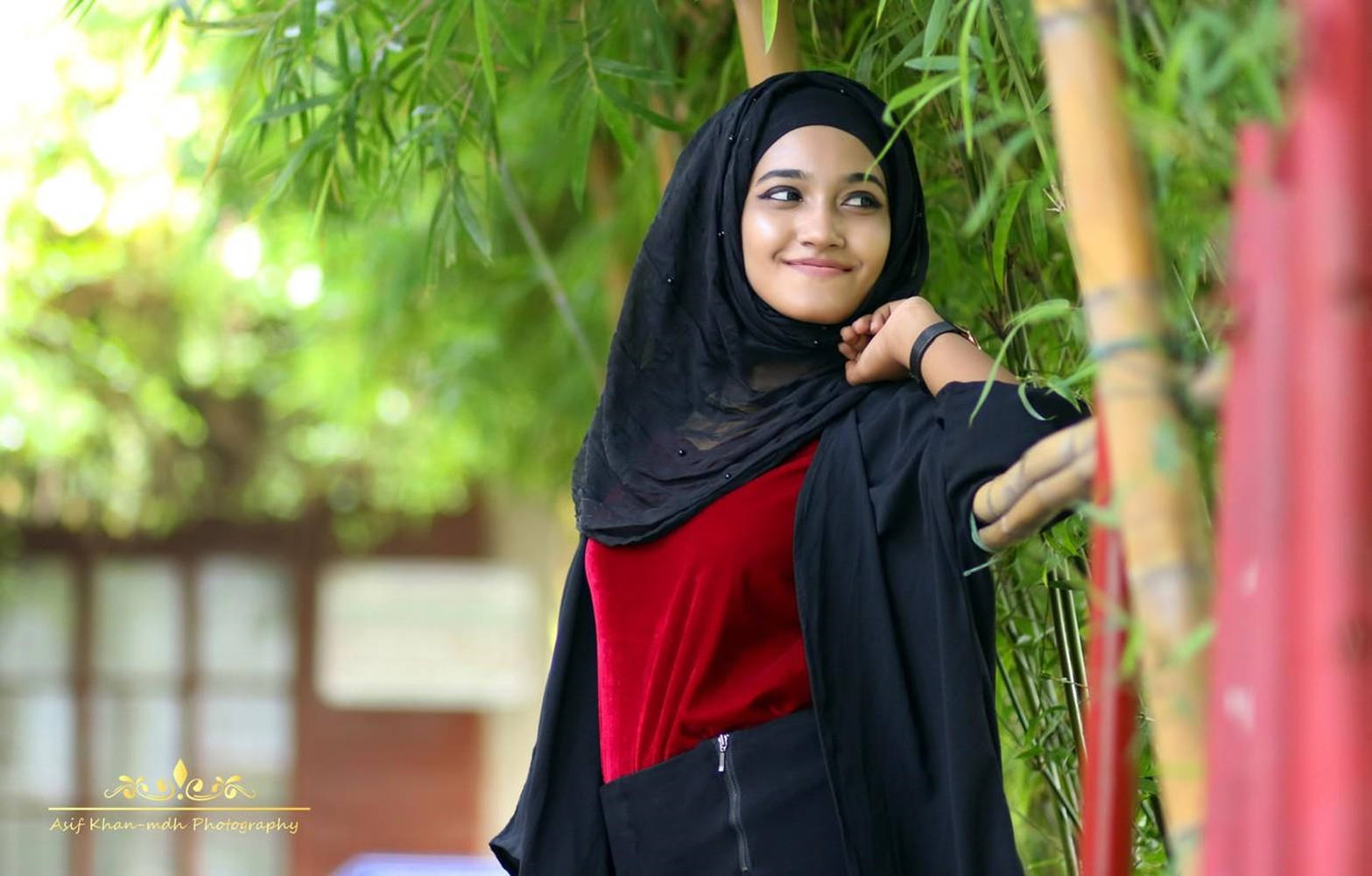 black hijab, red top, bamboo, HD Desktop Wallpaper