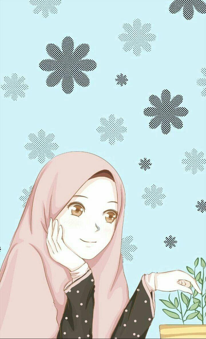 anime girl, pink hijab, potted plant, SD Phone Wallpaper
