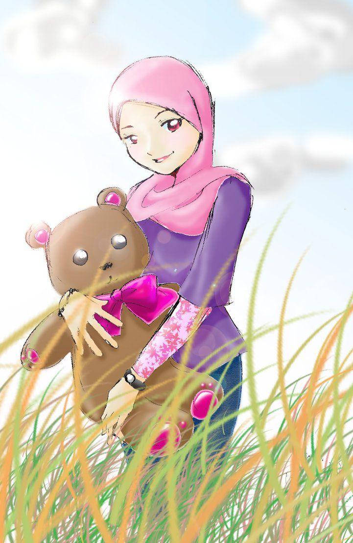 anime hijab girl, pink hijab, teddy bear, SD Phone Wallpaper