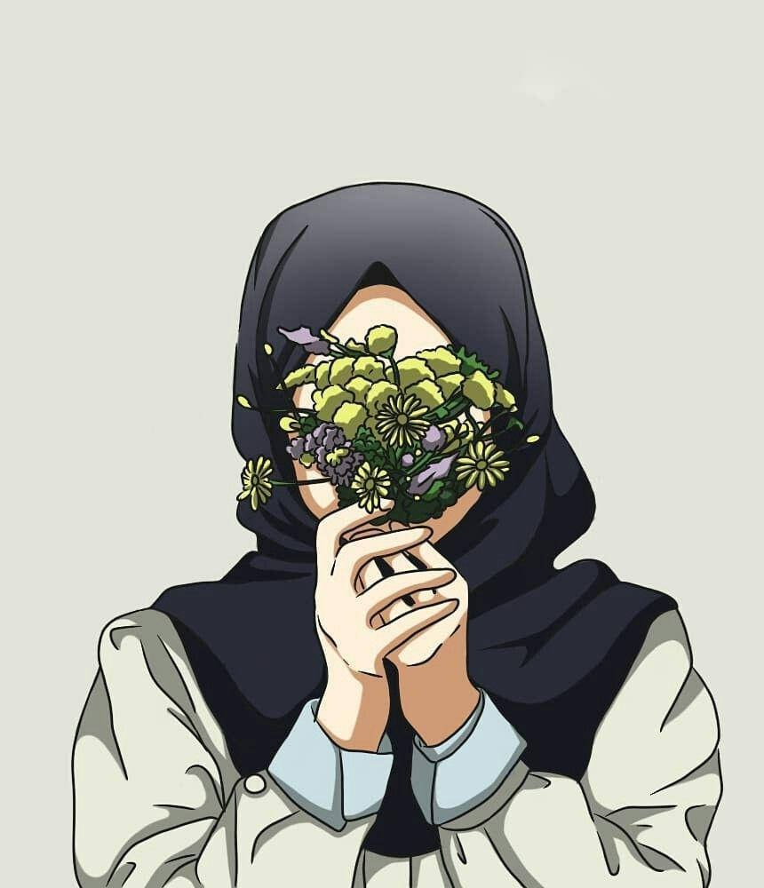 anime hijab drawing, dark hijab, vibrant bouquet of green and purple flowers, SD Phone Wallpaper