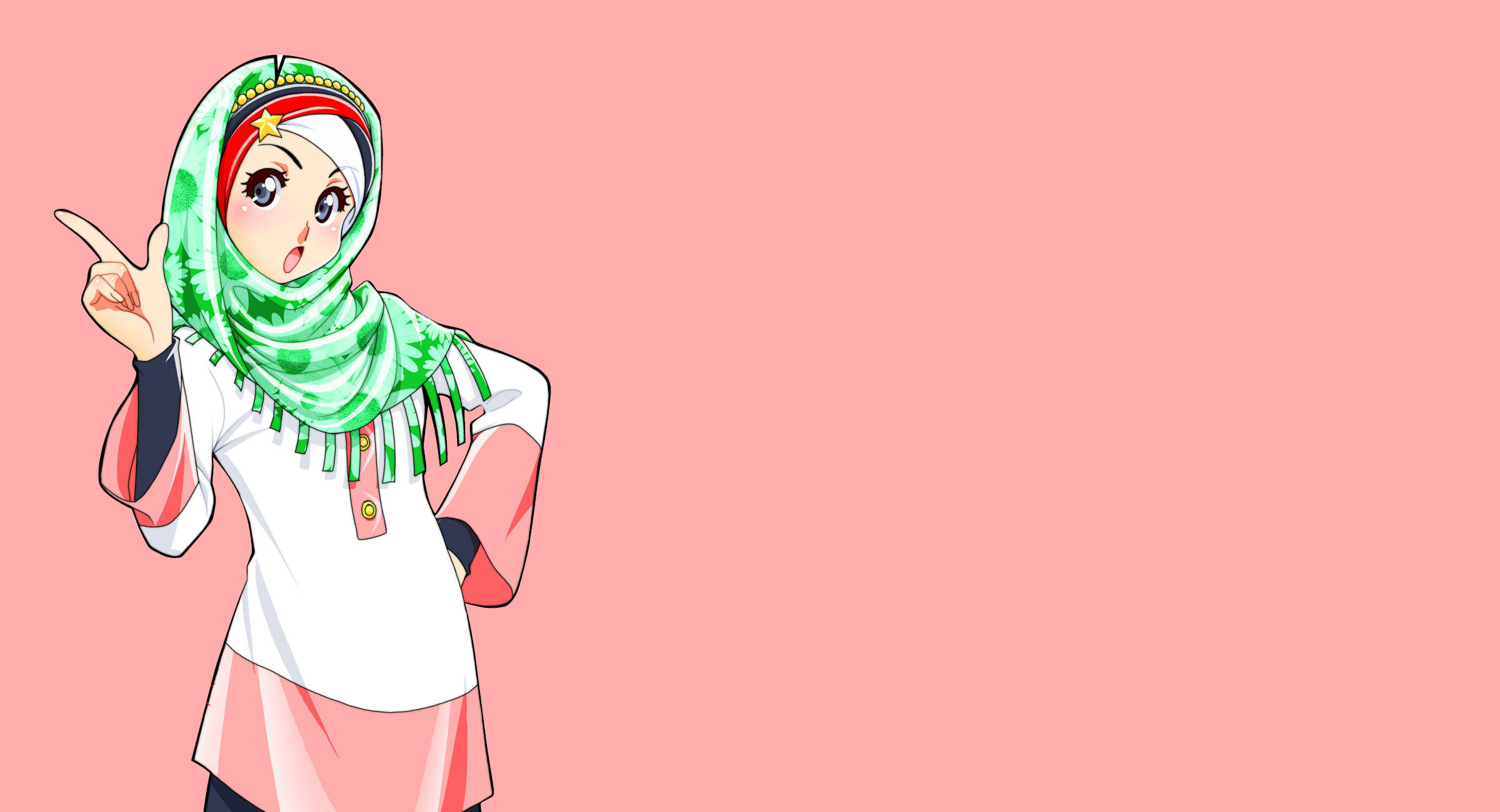 anime girl, green patterned hijab, points excitedly, Full HD Desktop Wallpaper