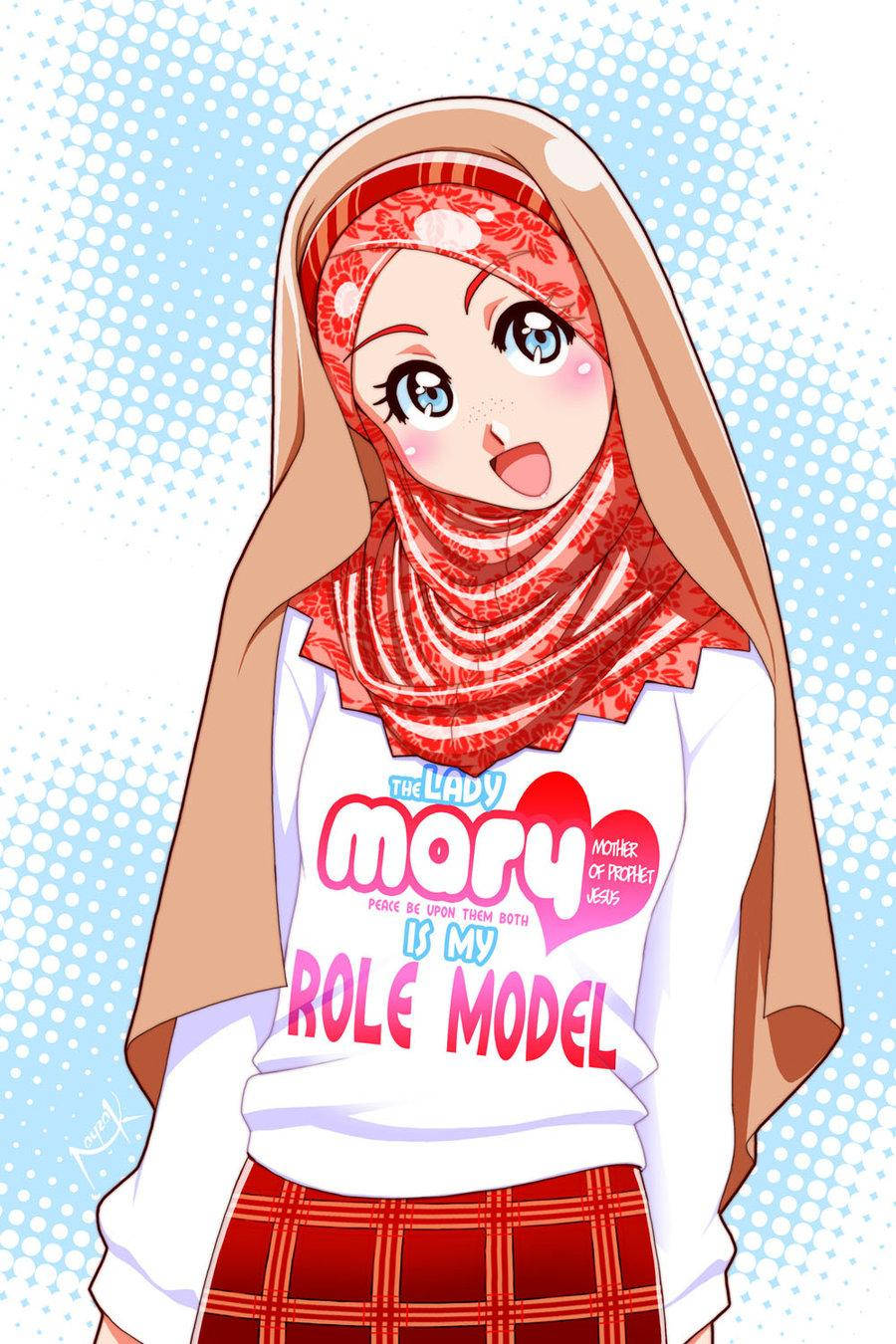 anime girl, blue eyes, red patterned hijab, HD Phone Wallpaper