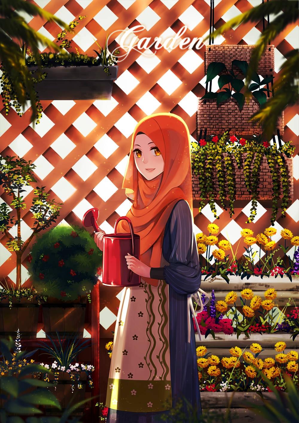 orange hijab, red watering can, vibrant garden, HD Phone Wallpaper