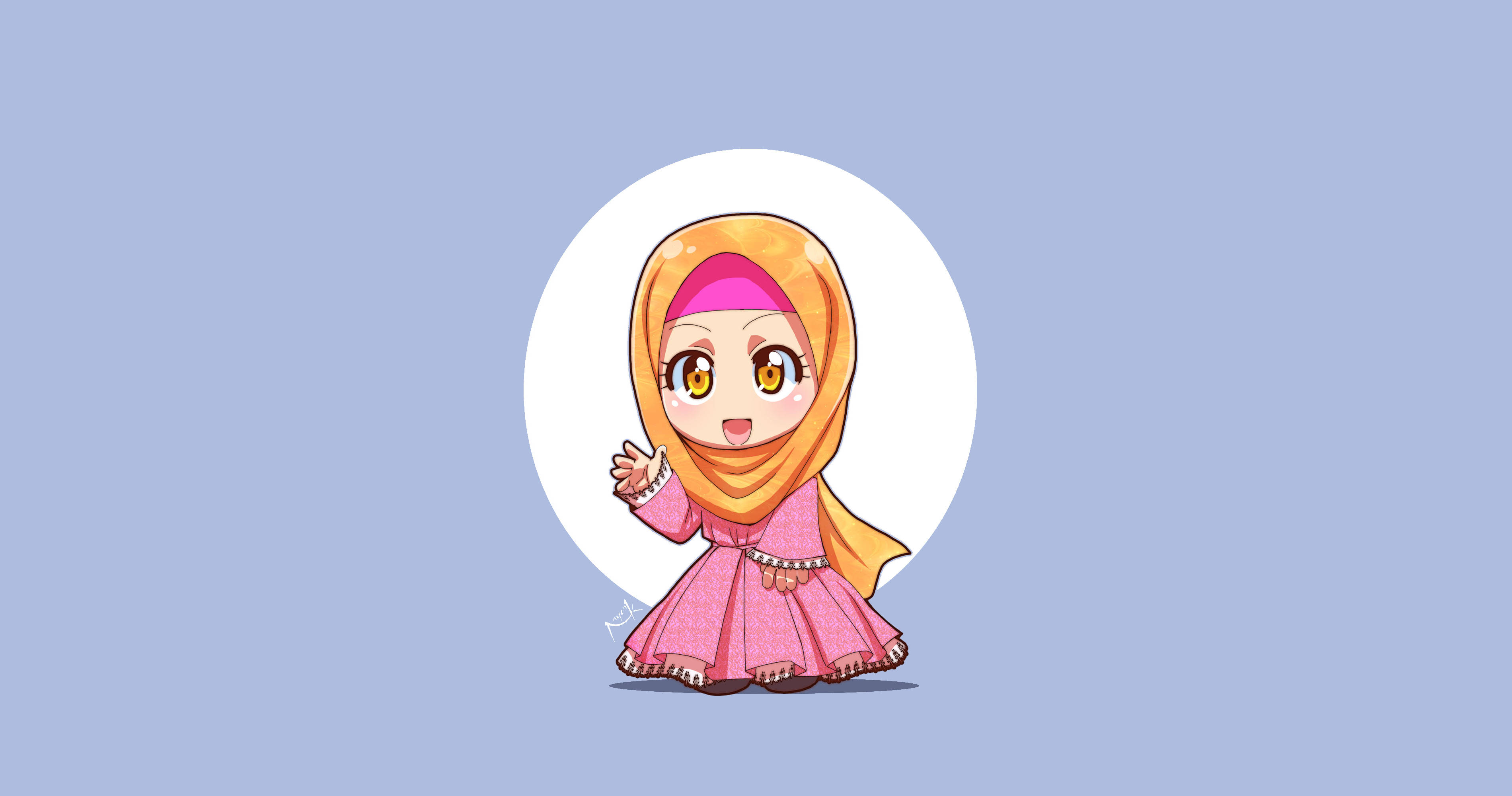 chibi girl, pink dress, orange hijab, 2K Desktop Wallpaper