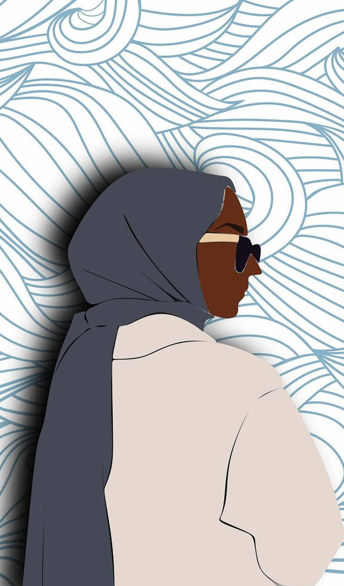 cartoon hijab, floral blue pattern, grey hijab, Full HD Phone Wallpaper