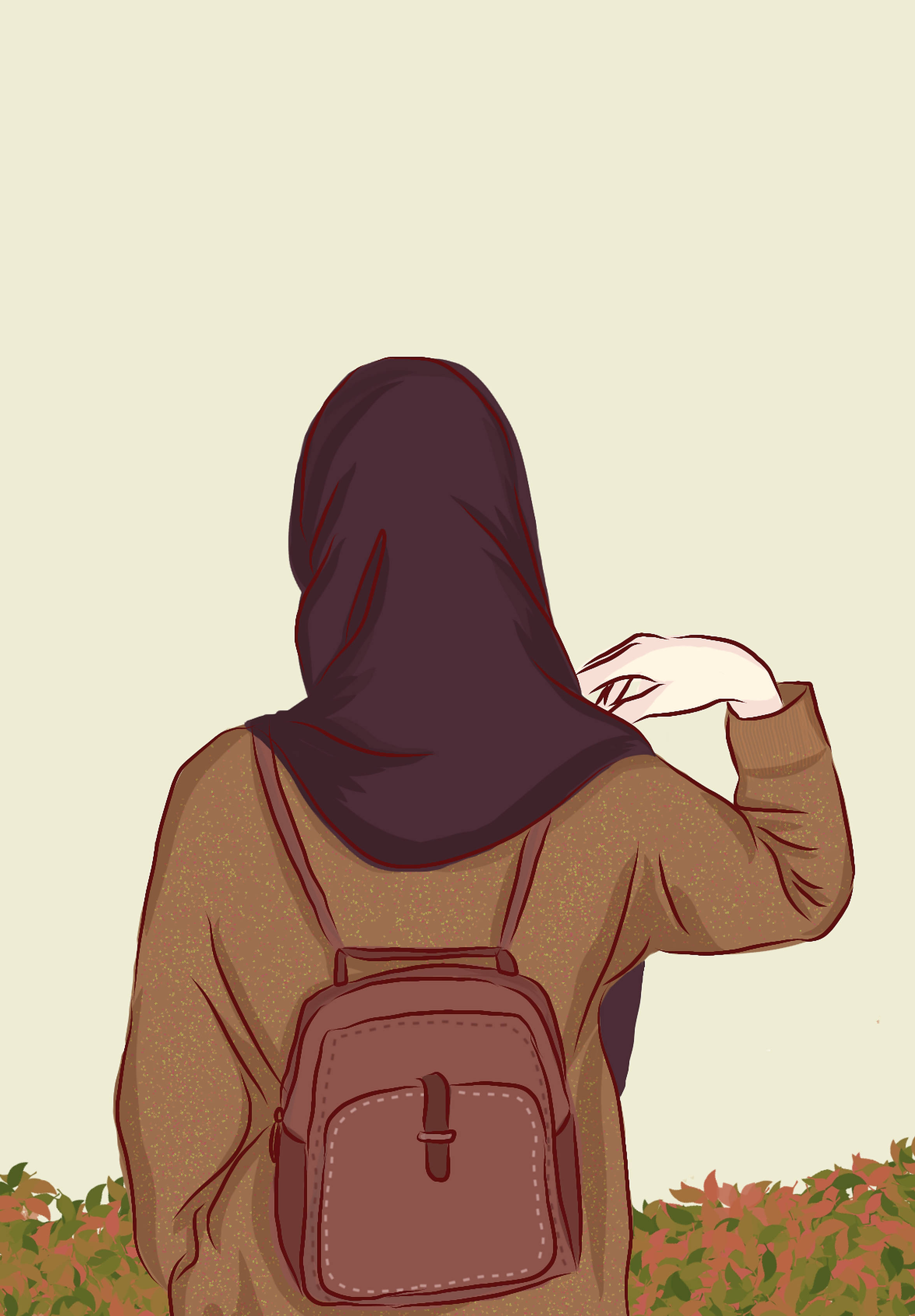 hijab, cartoon garden, autumn foliage, 2K Phone Wallpaper