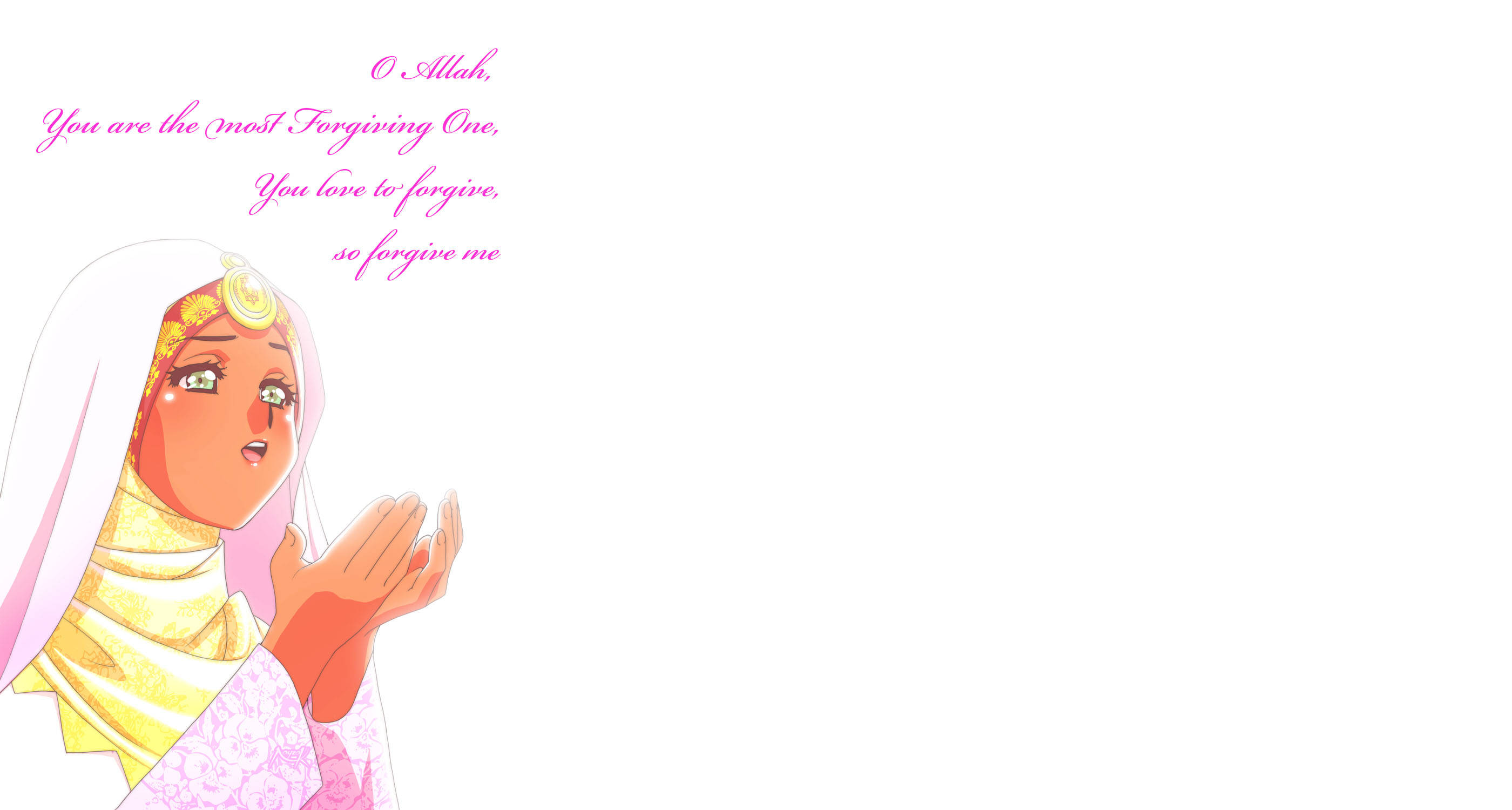 anime hijab girl praying, white and gold hijab, clasped hands, 2K Desktop Wallpaper