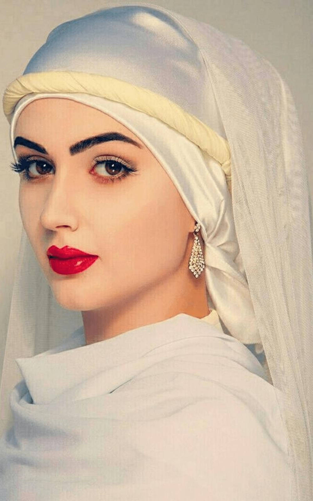 hijab, white and cream headscarf, jeweled earrings, HD Phone Wallpaper