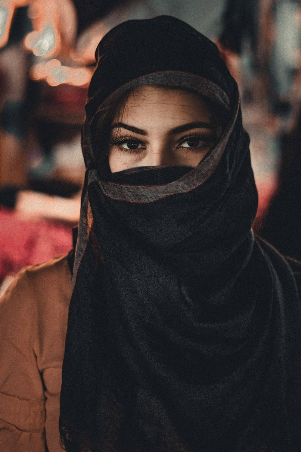 black niqab, striking eyes, softly blurred warm background, HD Phone Wallpaper