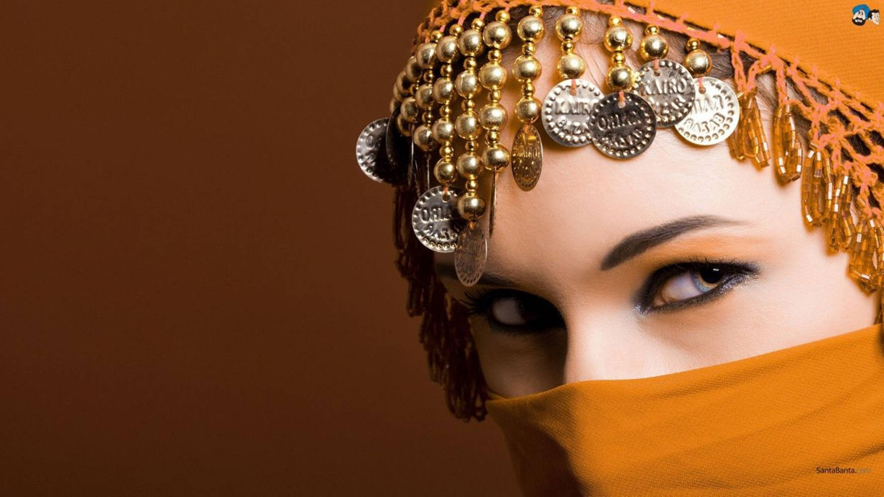 hijab, ornate orange headwear, gold coins, HD Desktop Wallpaper