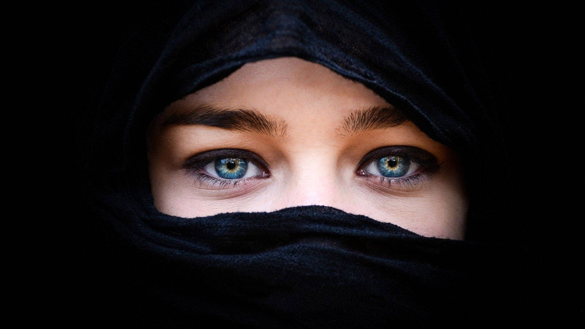 hijab, blue eyes, black veil, Full HD Desktop Wallpaper
