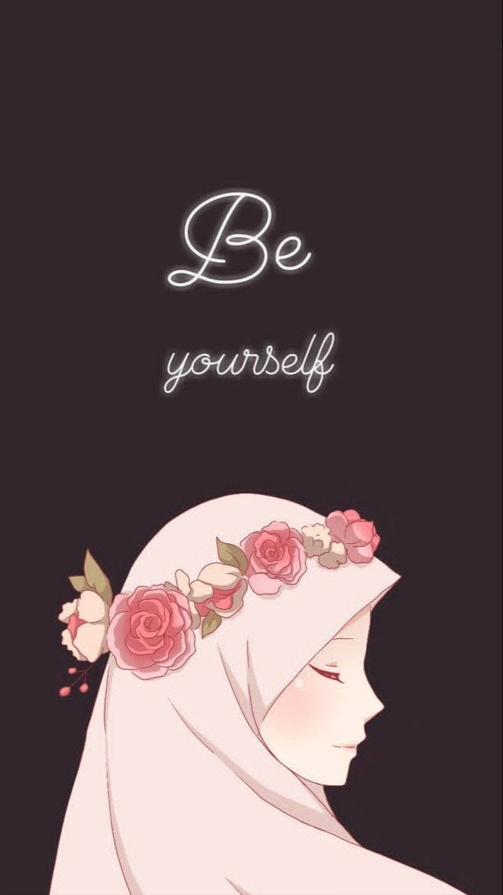 hijab cartoon, be yourself quote, white hijab, HD Phone Wallpaper