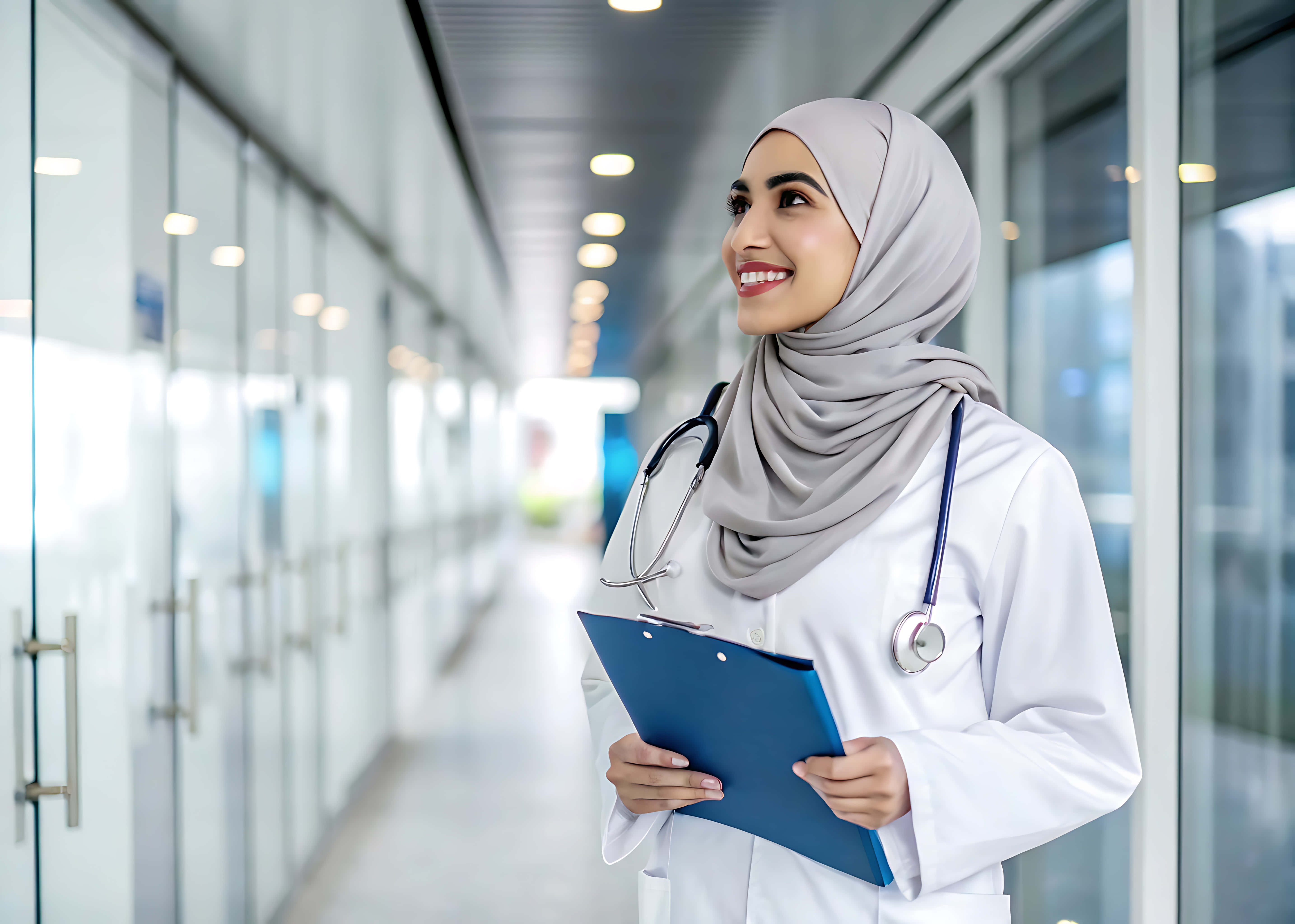 doctor in hijab, white coat, grey hijab, 5K Desktop Wallpaper