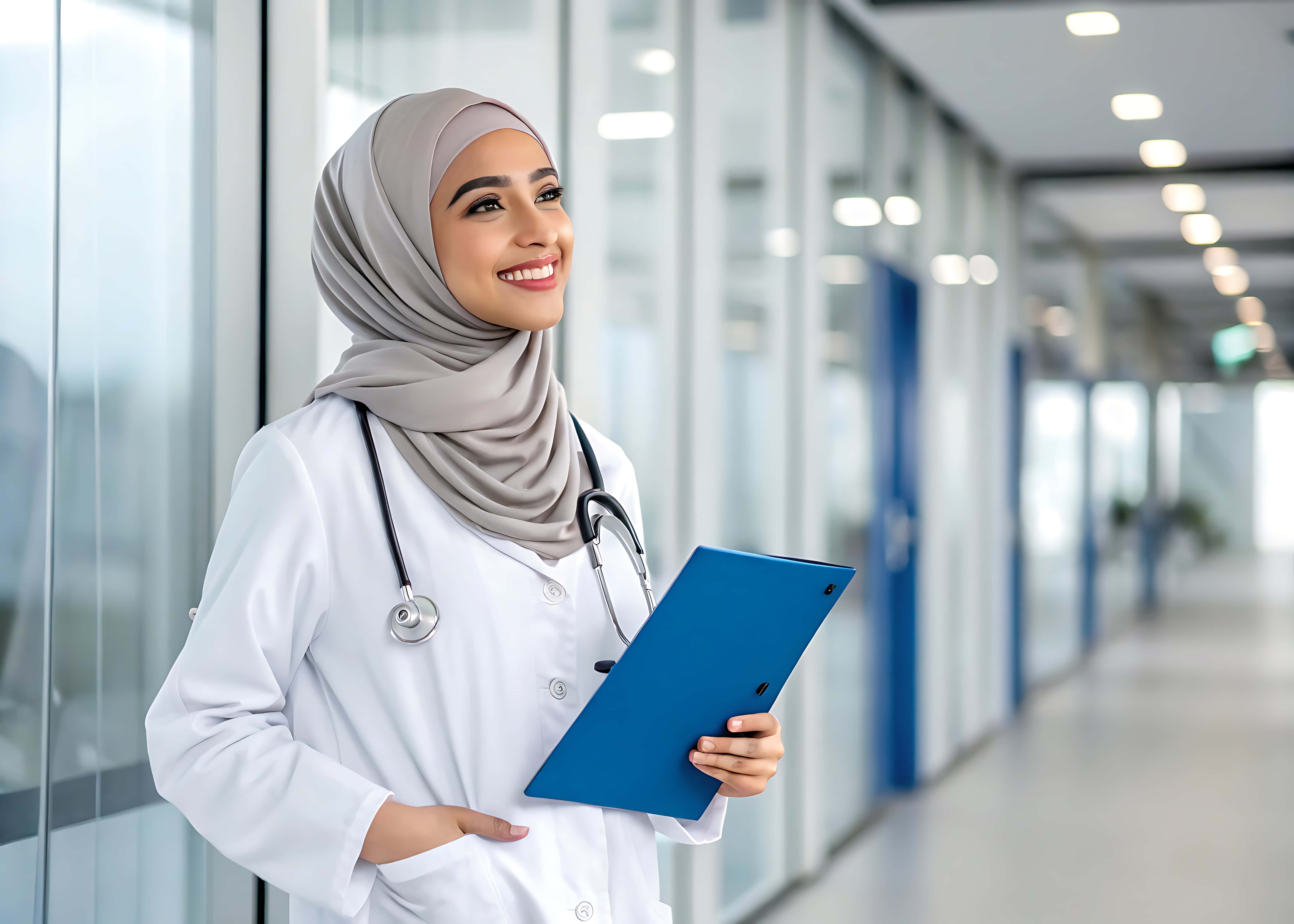 female doctor, white coat, beige hijab, 5K Desktop Wallpaper