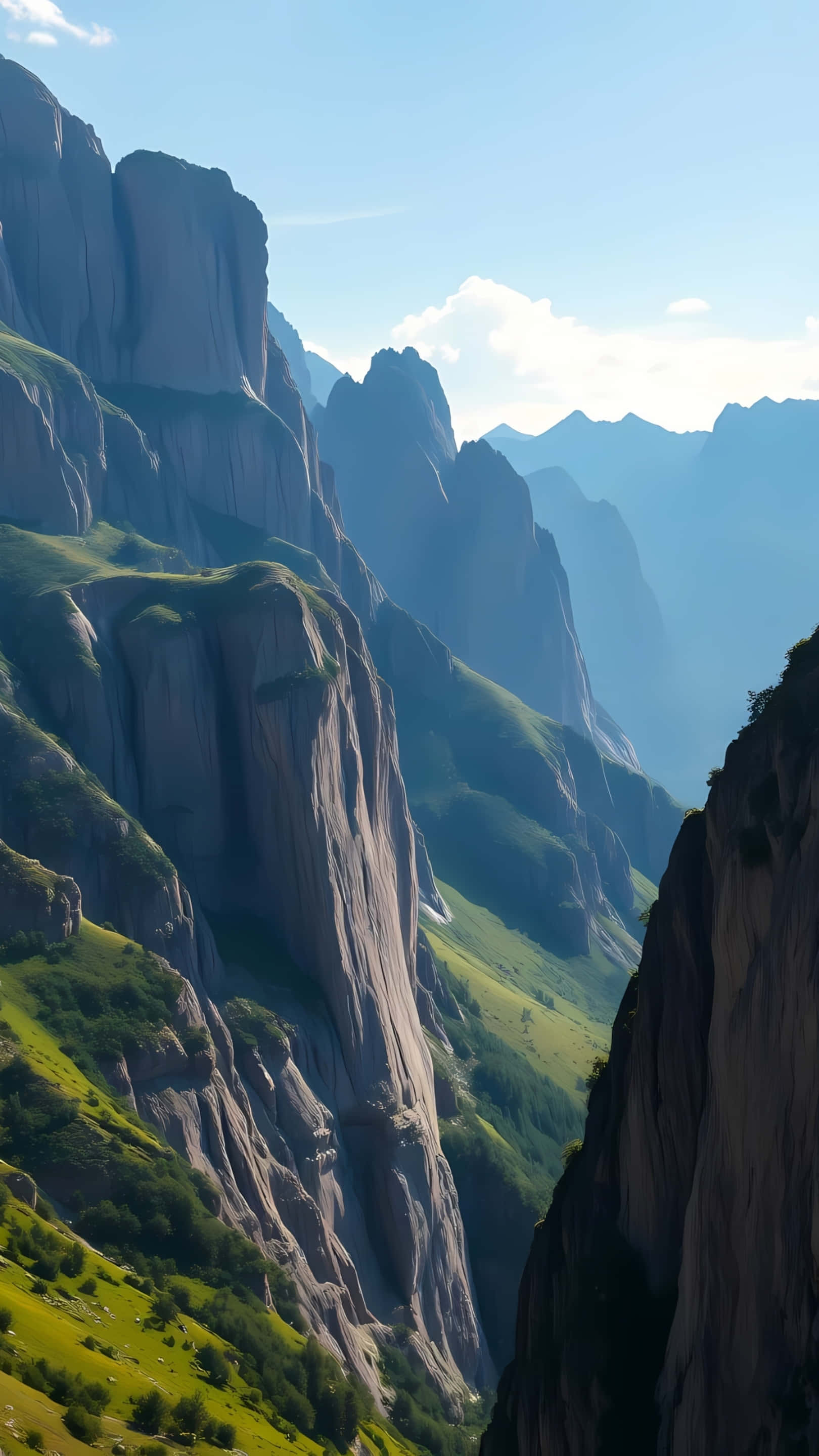 green mountain valley, steep rocky cliffs, green vegetation, 2K Phone Wallpaper