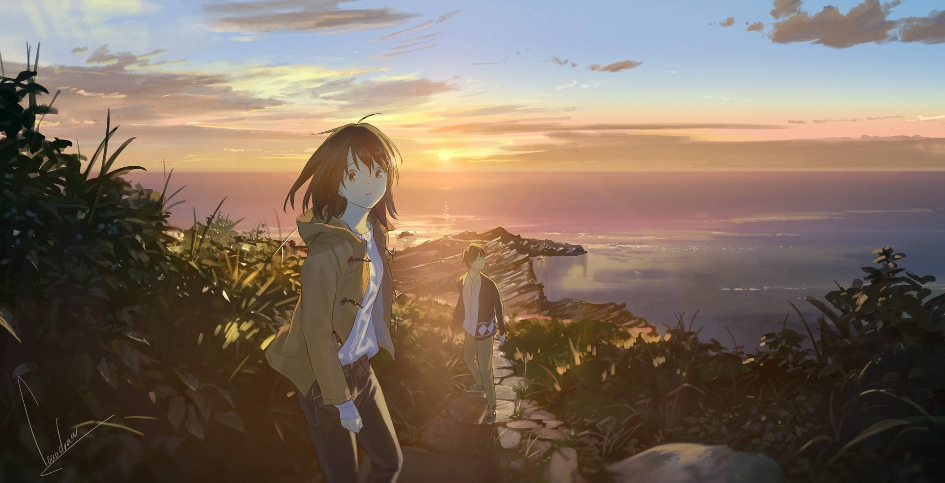 anime couple, cliffside path, vibrant sunset, Full HD Desktop Wallpaper