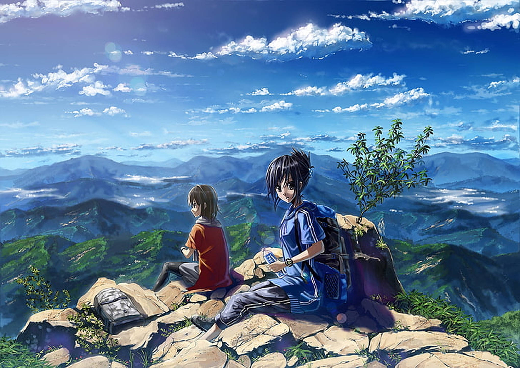 anime, teen, rocky mountain peak, Full HD Desktop Wallpaper