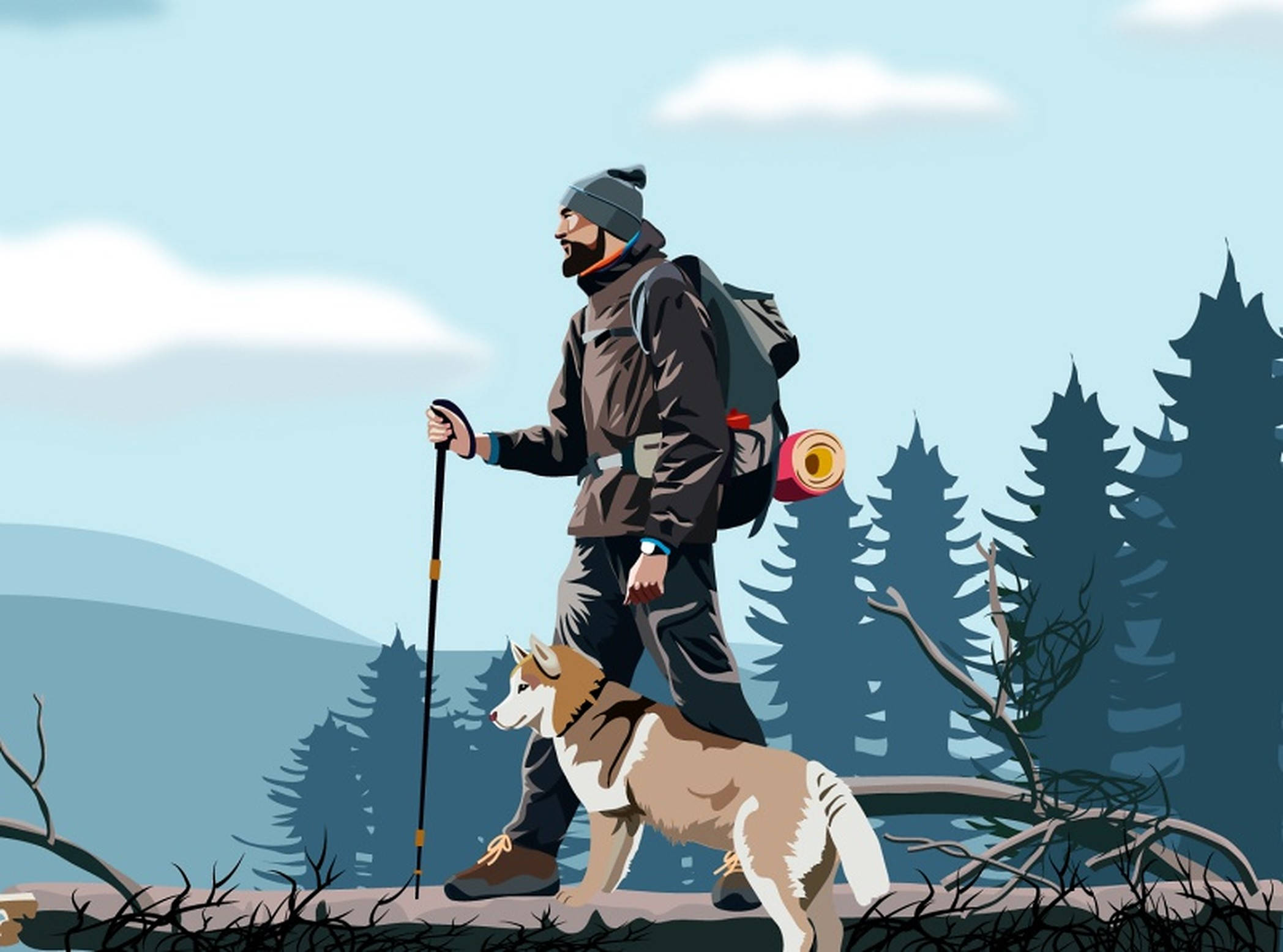 man, dog, trekking pole, Full HD Desktop Wallpaper