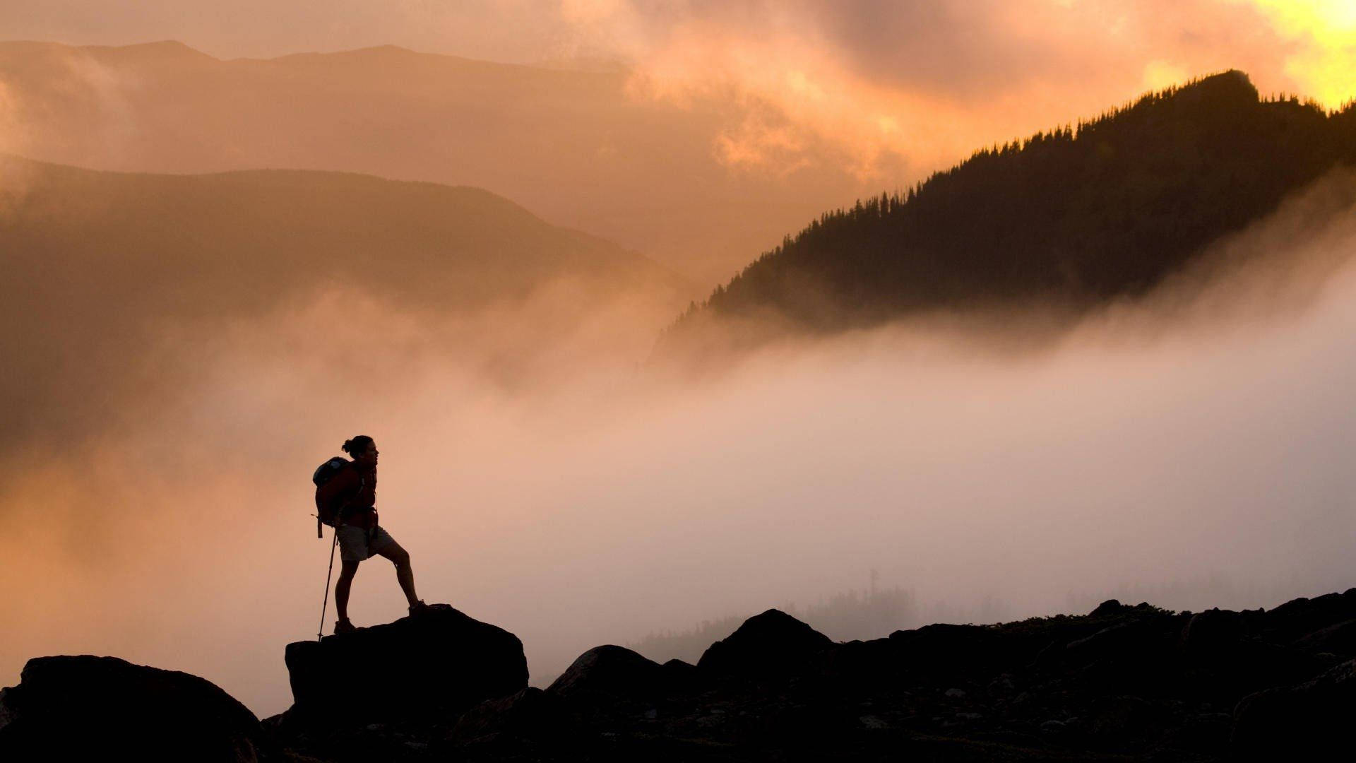 foggy mountain, rocky peak, sunrise, Full HD Desktop Wallpaper