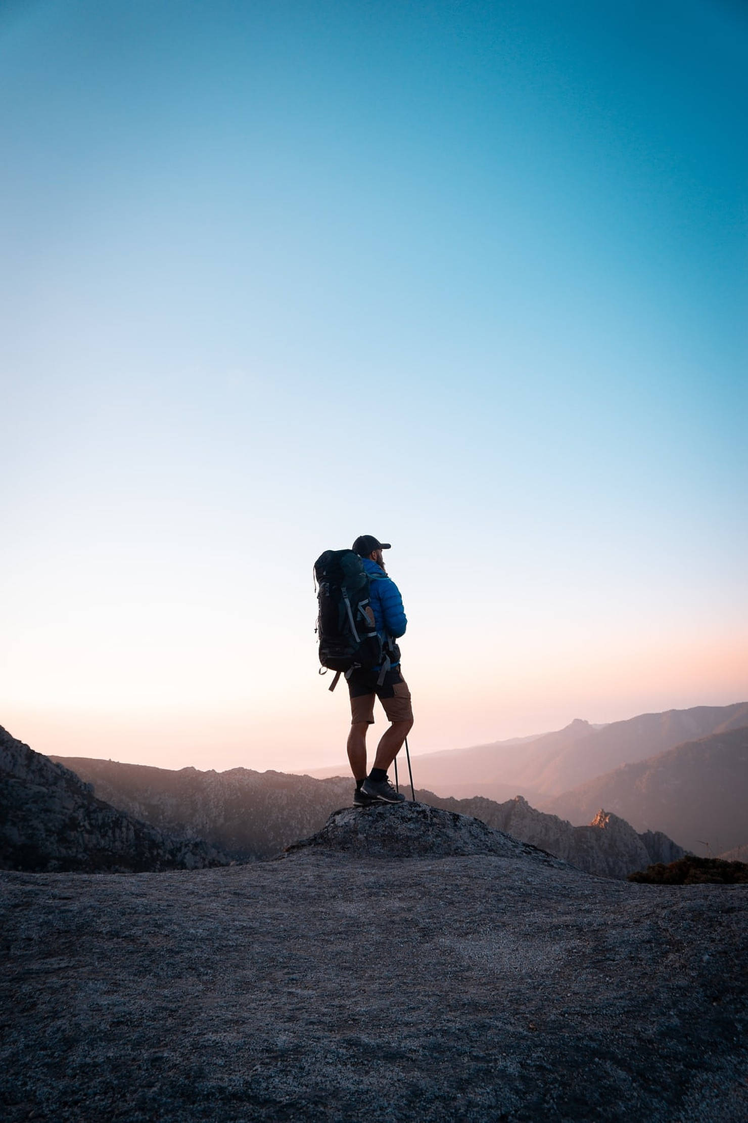 hiker, large backpack, rocky peak, Full HD Phone Wallpaper