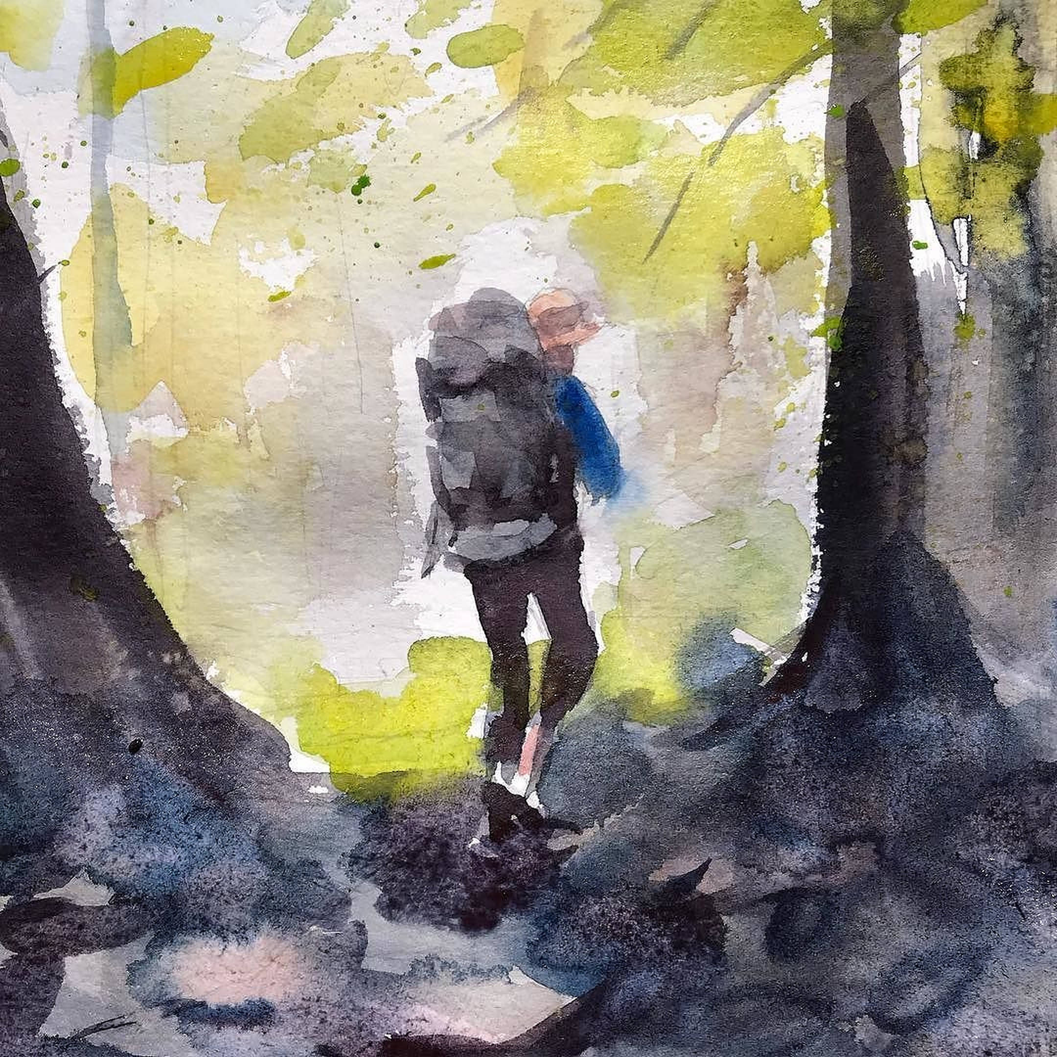 hiking, watercolor painting, sunlit forest, Full HD Desktop Wallpaper