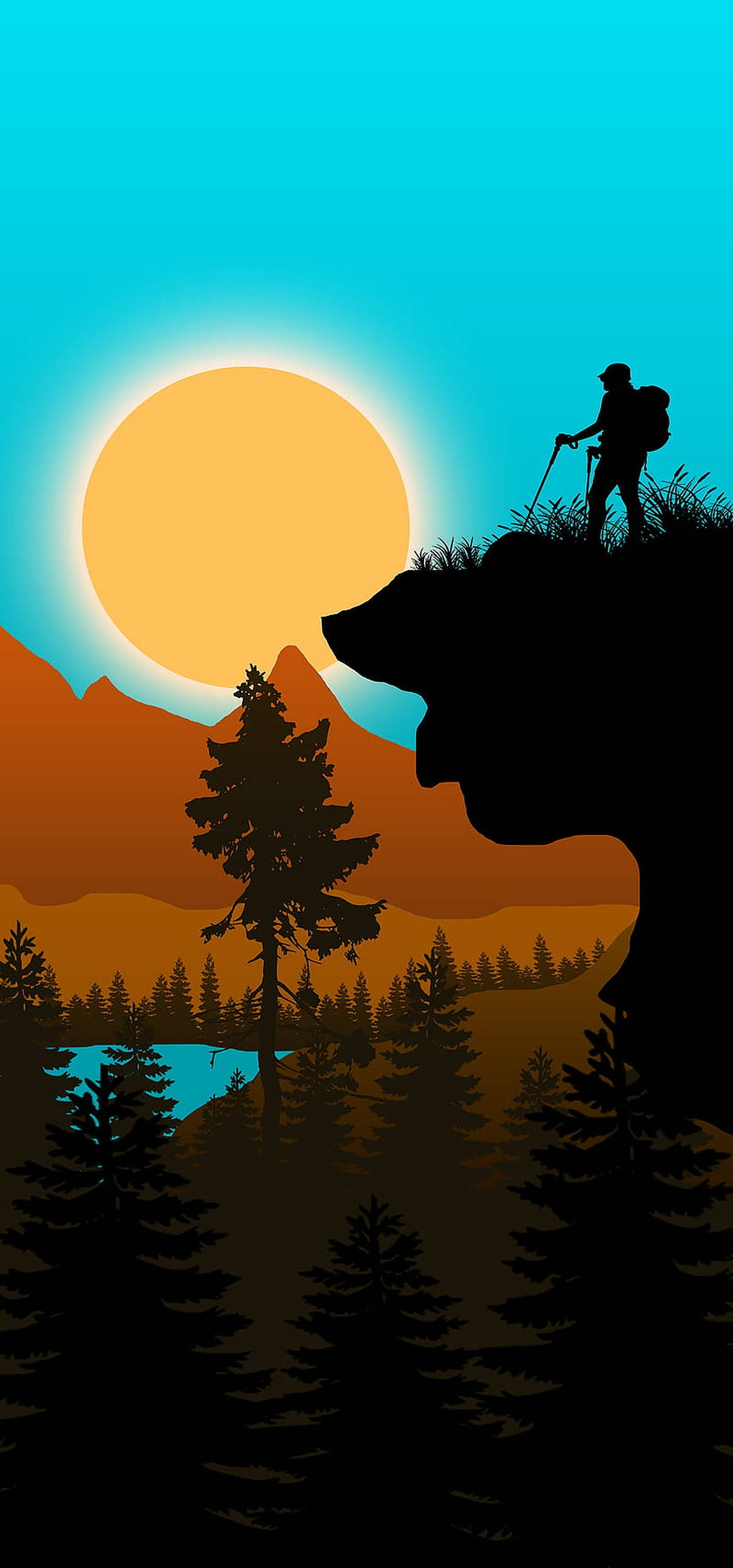 Hiking, sunset, cliff, 2K Phone Wallpaper