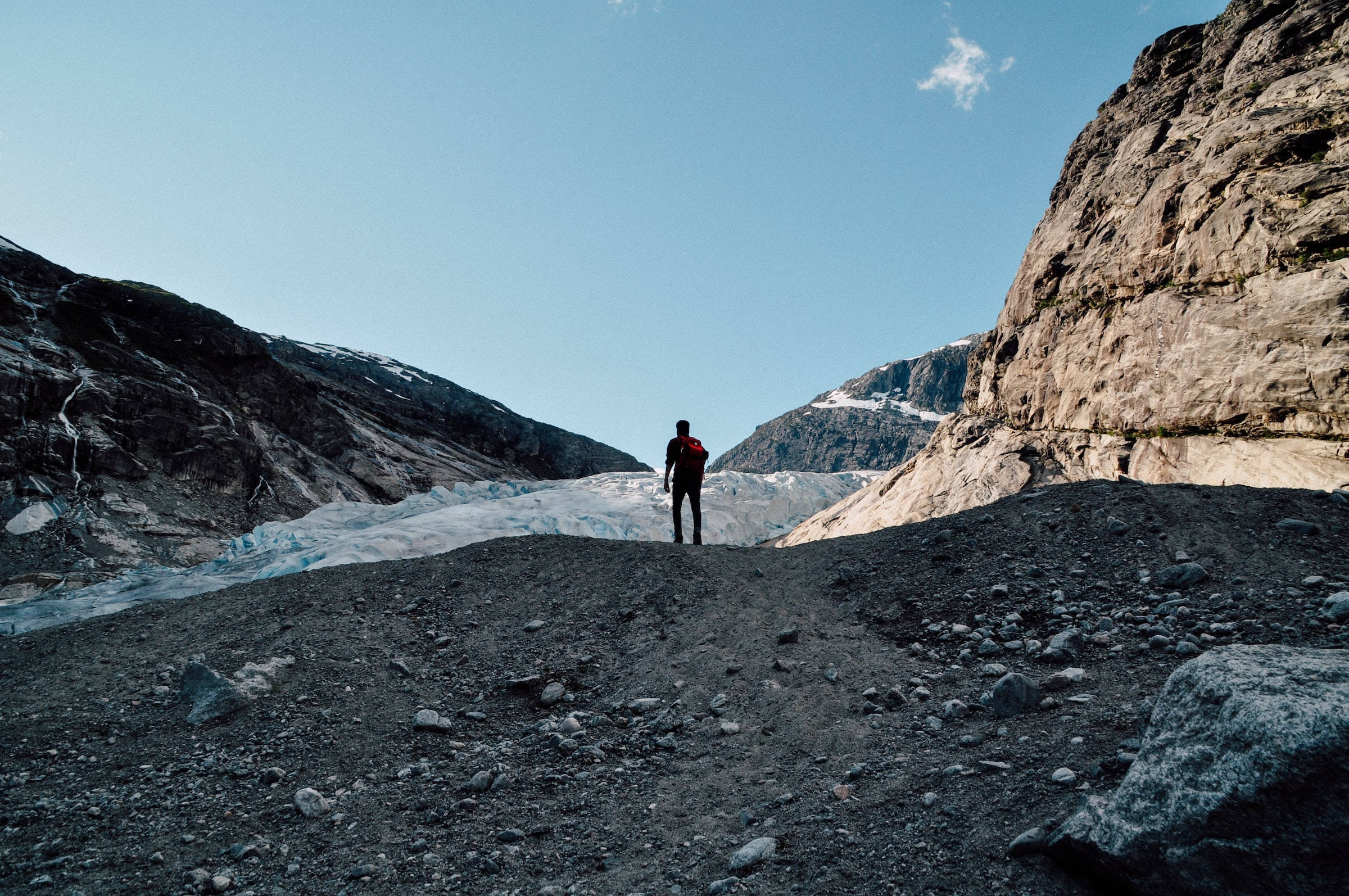 red backpack, rocky ridge, vast glacier, Full HD Desktop Wallpaper