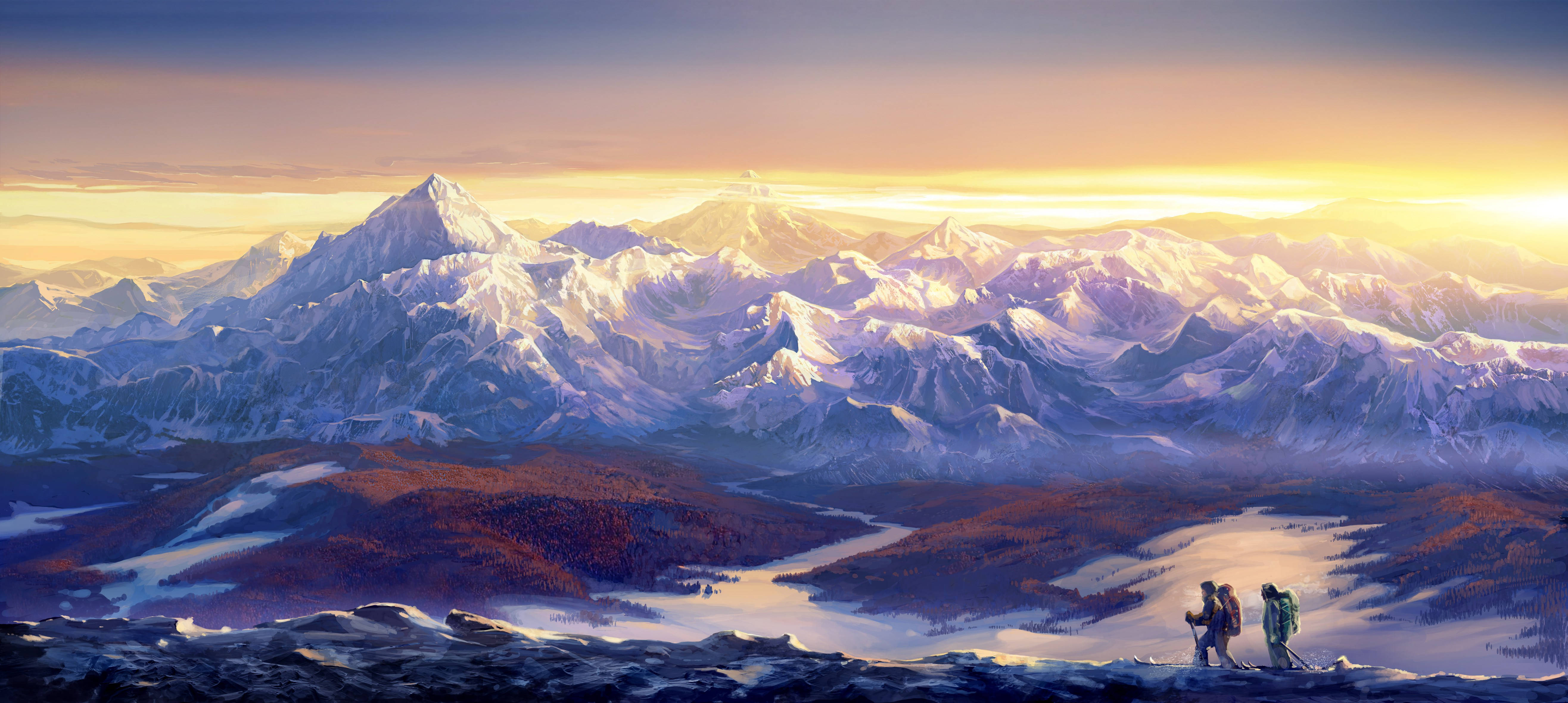 Majestic Dawn, The Hiker's Solitude, snowy ridge, 5K Desktop Wallpaper