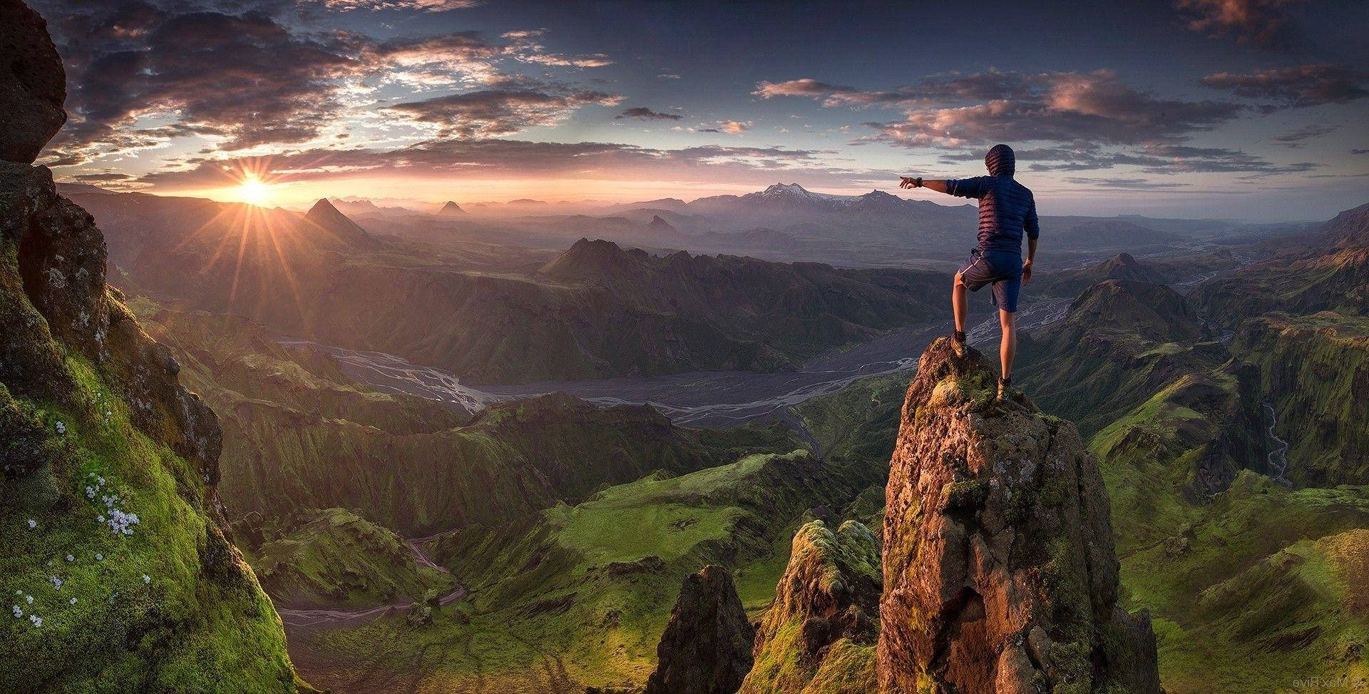 mossy cliff, sunrise, green valley, Full HD Desktop Wallpaper