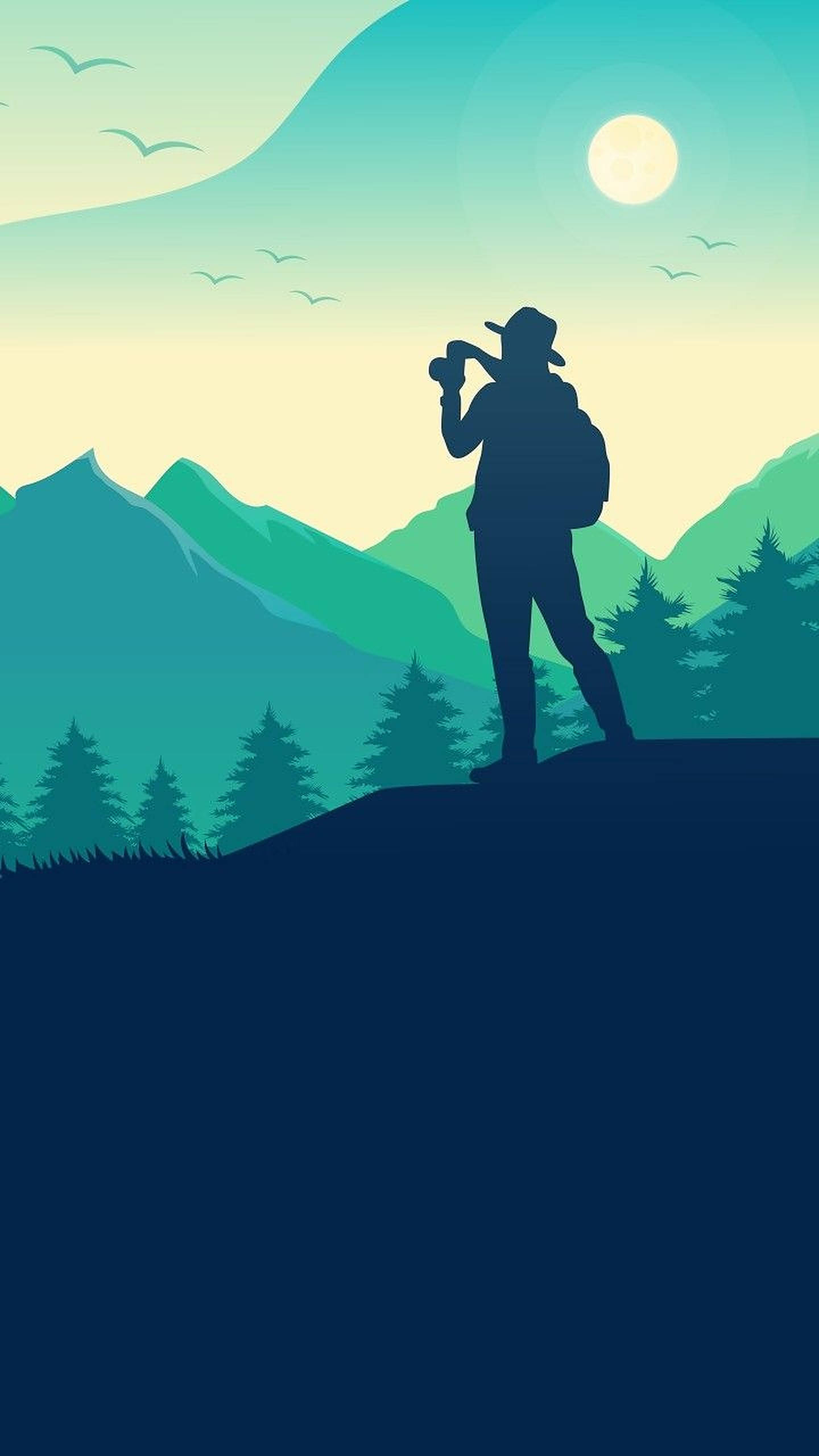 hiking, blue vector art, silhouette, 2K Phone Wallpaper