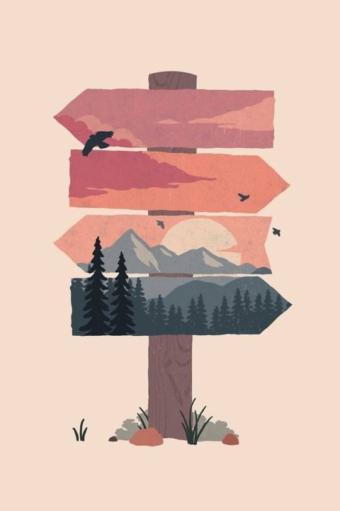 hiking signage art, wooden signpost, arrow-shaped panels, Full HD Phone Wallpaper