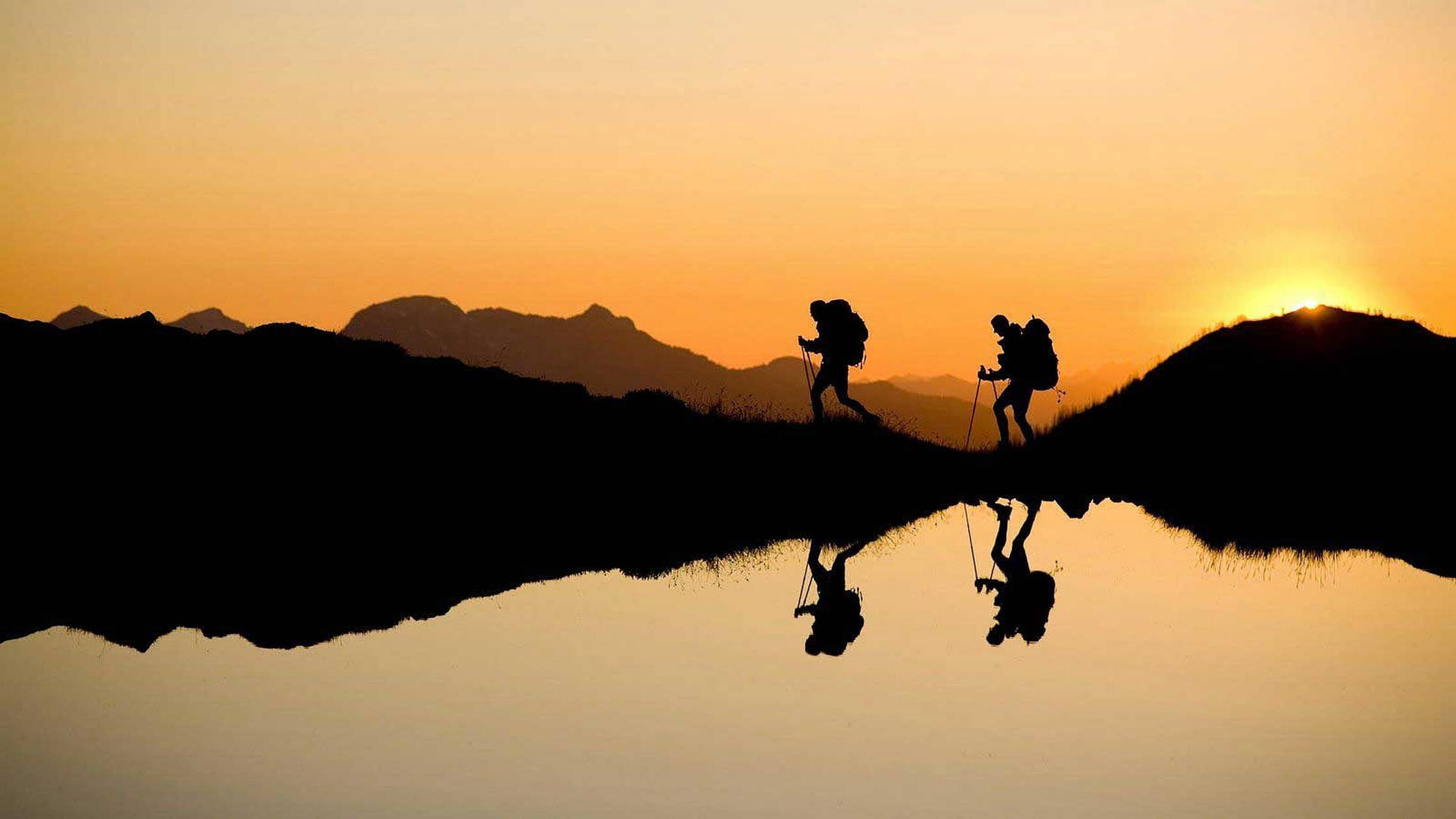 hiking, silhouette, reflection, Full HD Desktop Wallpaper