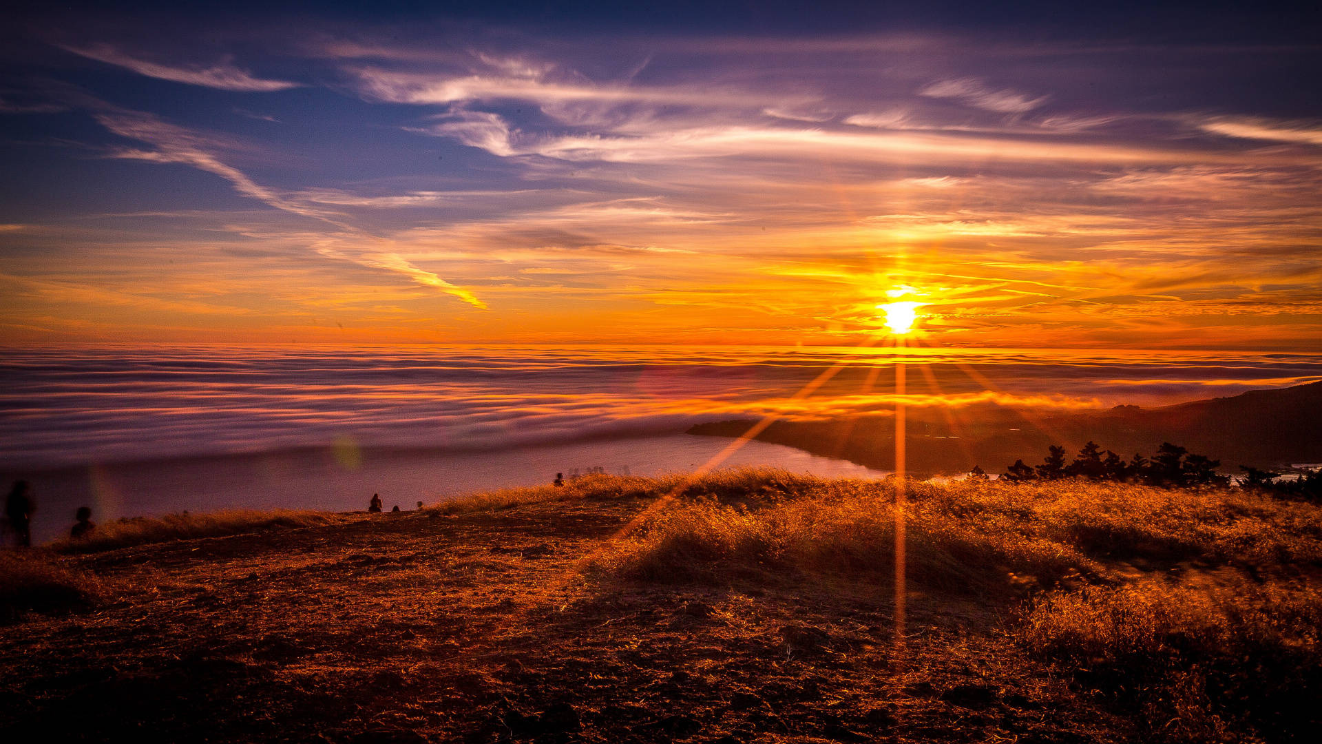 Mountain Peak Horizon, sparkly sun, sunset, Full HD Desktop Wallpaper