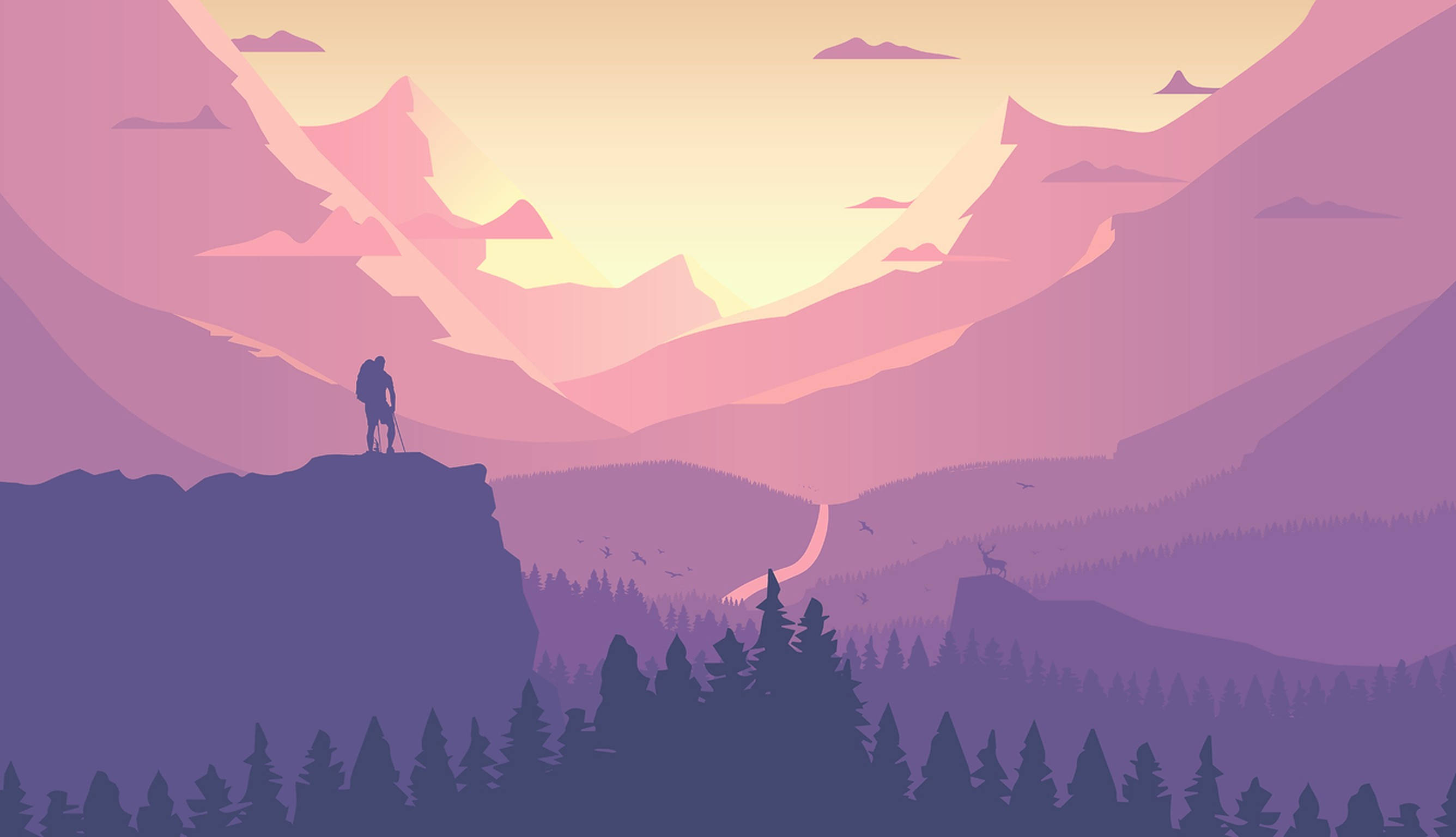 Hiking Pink Digital Art, purple mountain valley, sunset, 2K Desktop Wallpaper