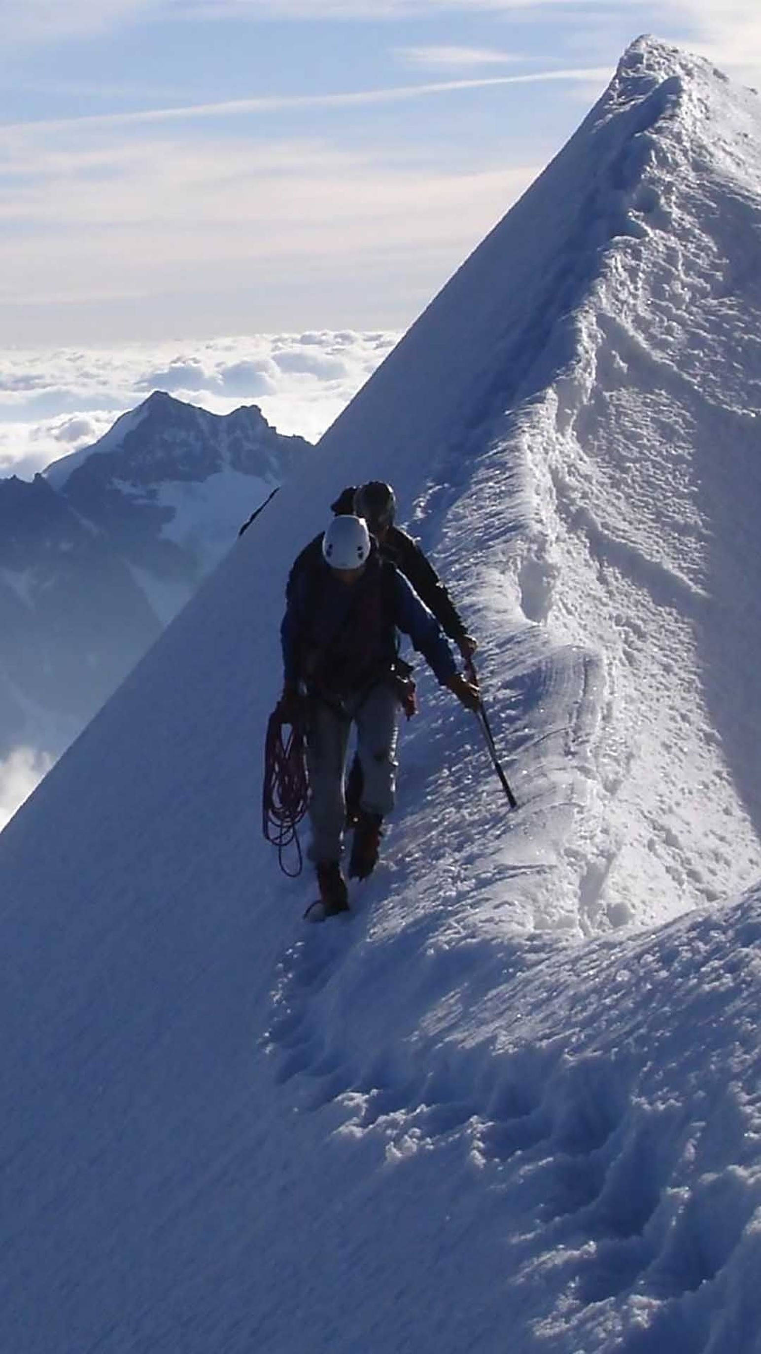 hiking in the snow, snow-covered mountain ridge, crampons, 2K Phone Wallpaper