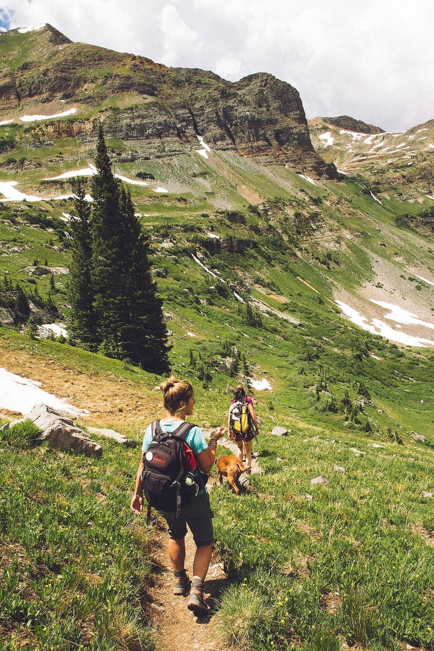two girls, hiking, sunlit mountain trail, Full HD Phone Wallpaper
