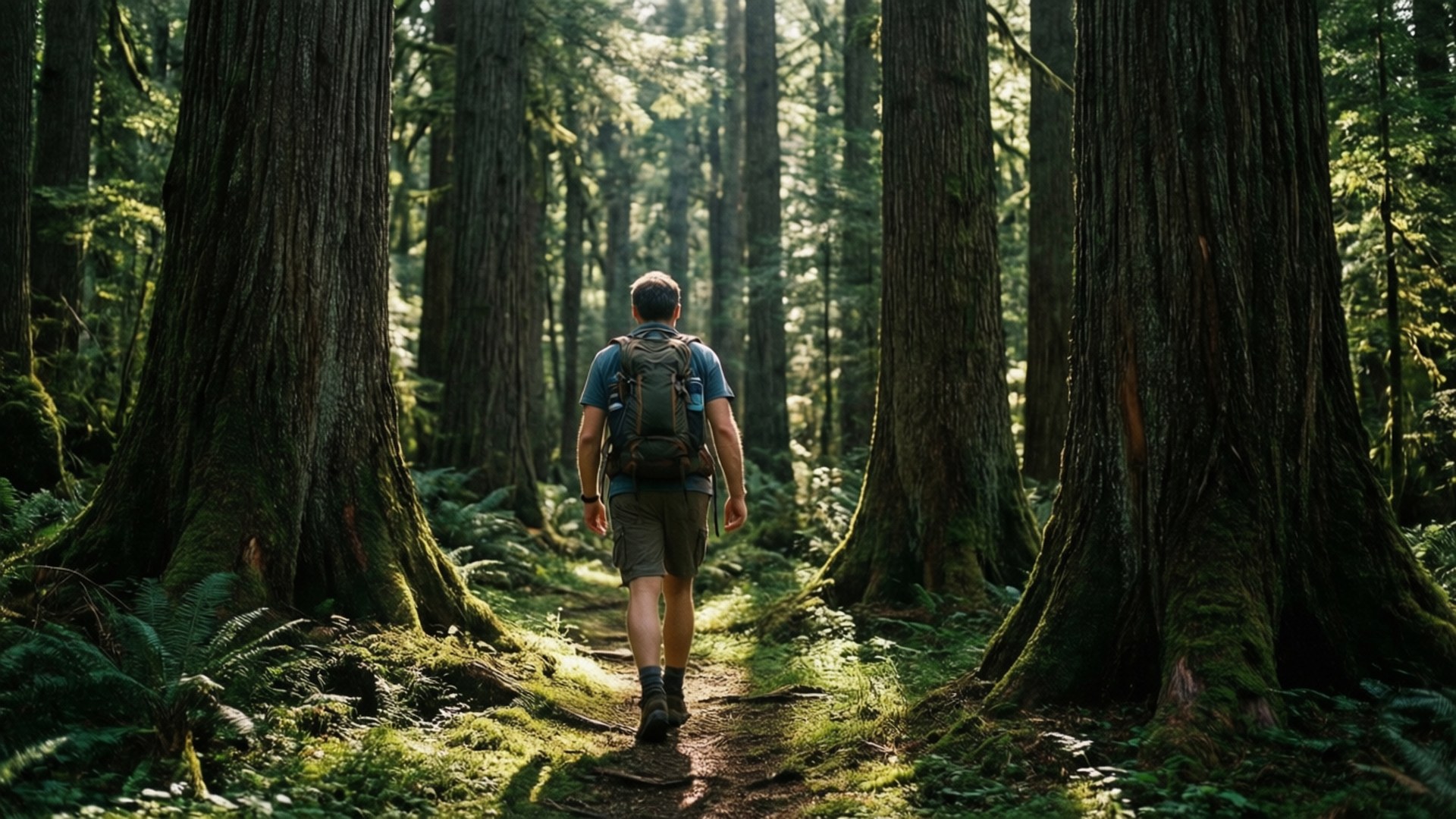 forest trail, mossy forest path, towering ancient trees, Full HD Desktop Wallpaper