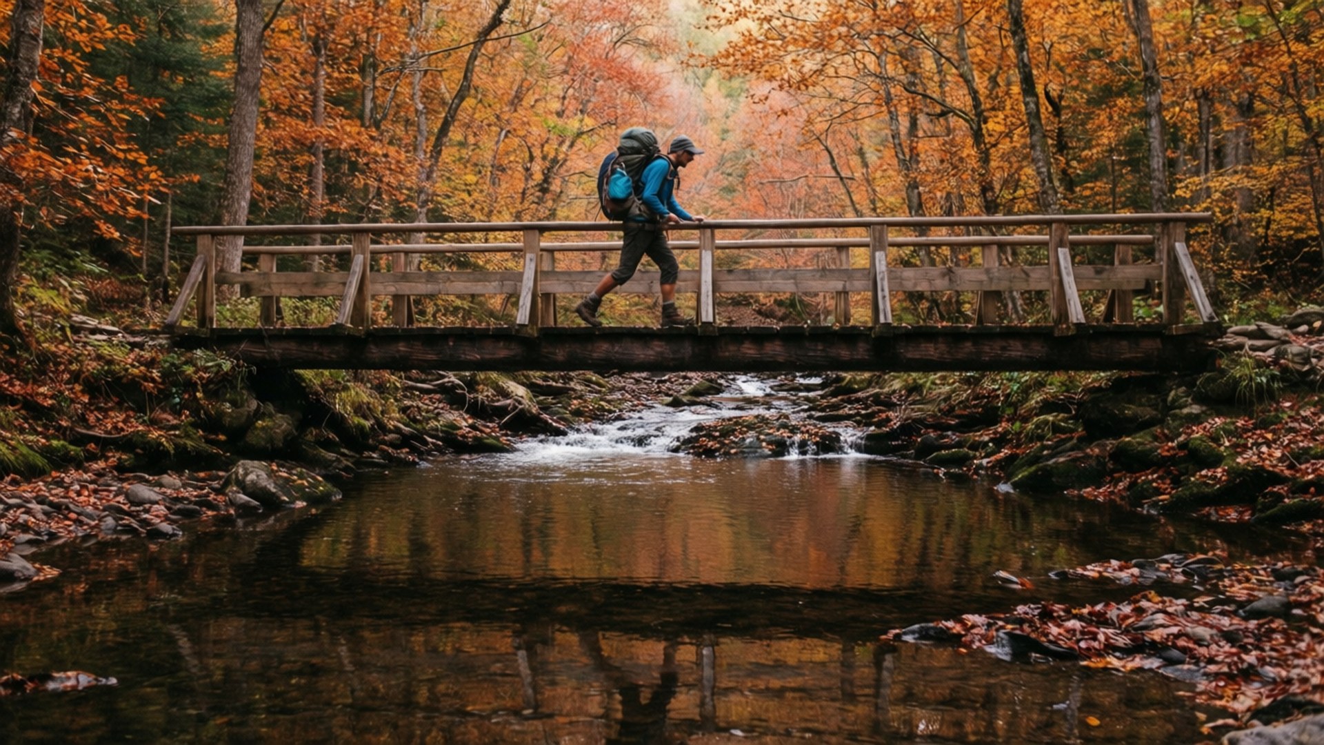 autumn bridge, wooden bridge, rocky stream, Full HD Desktop Wallpaper