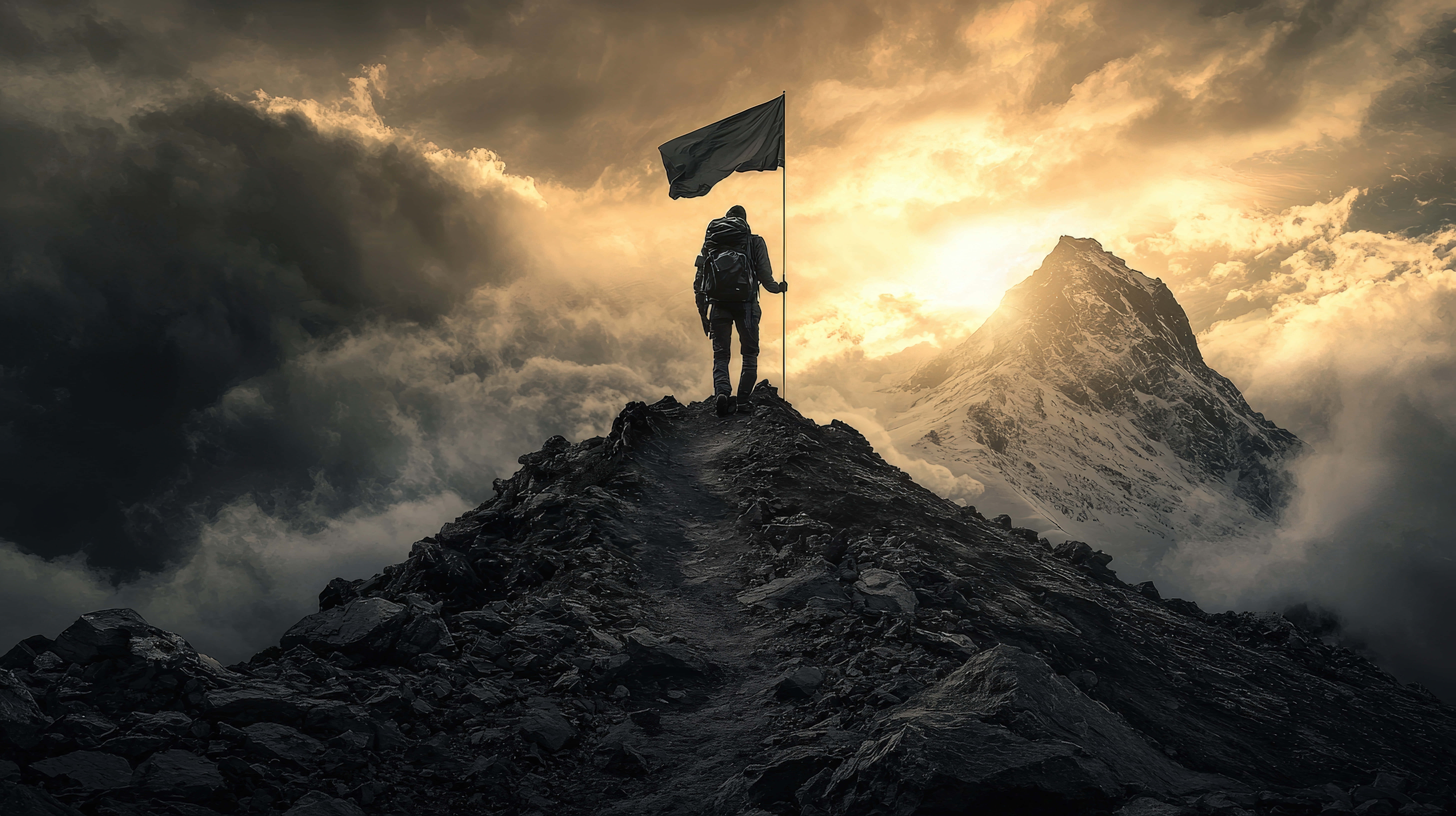 adventurer, mountain peak, flag, 8K Desktop Wallpaper