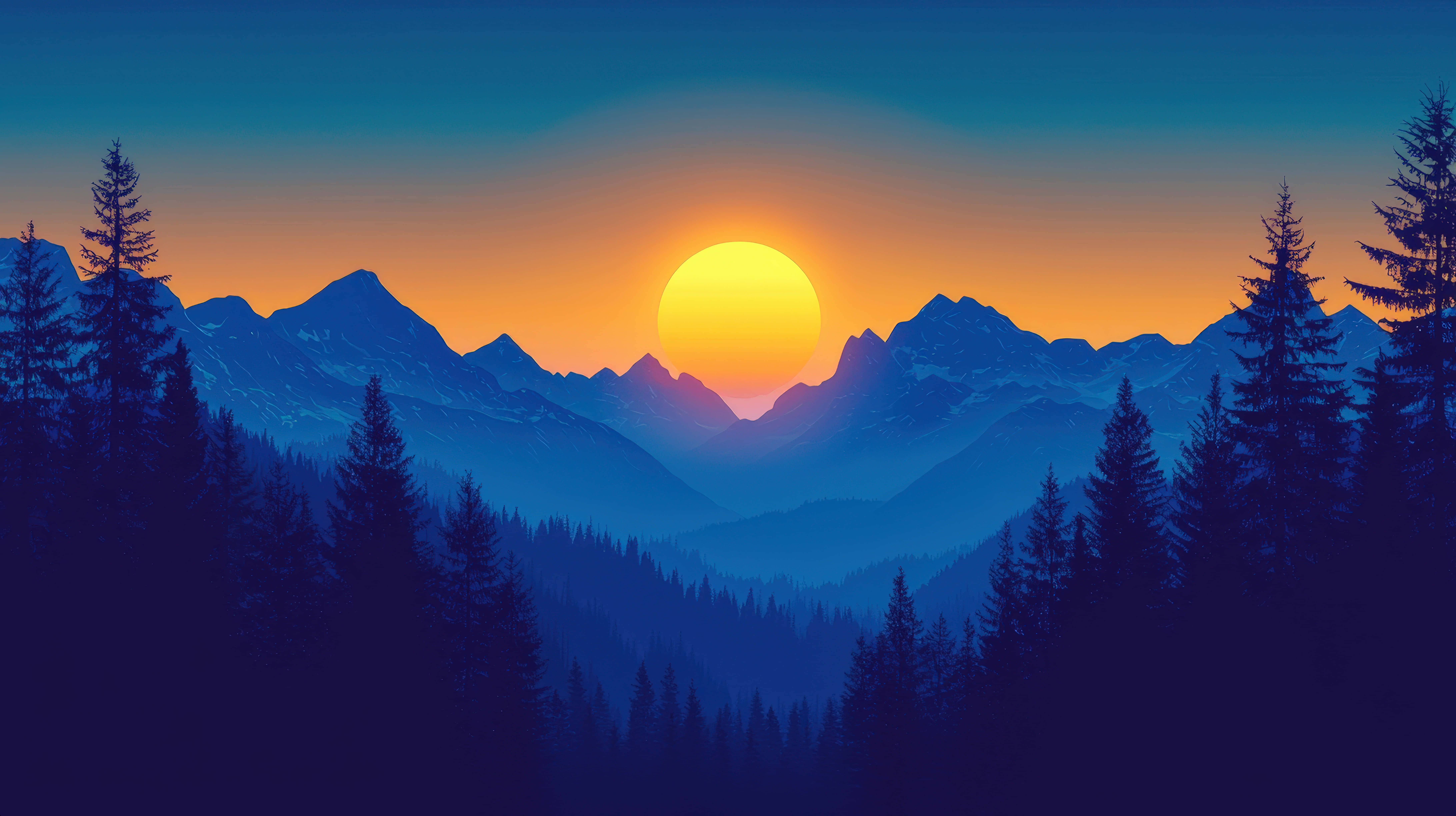 colorful sunset, majestic mountain peaks, snow capped mountain peaks, 8K Desktop Wallpaper