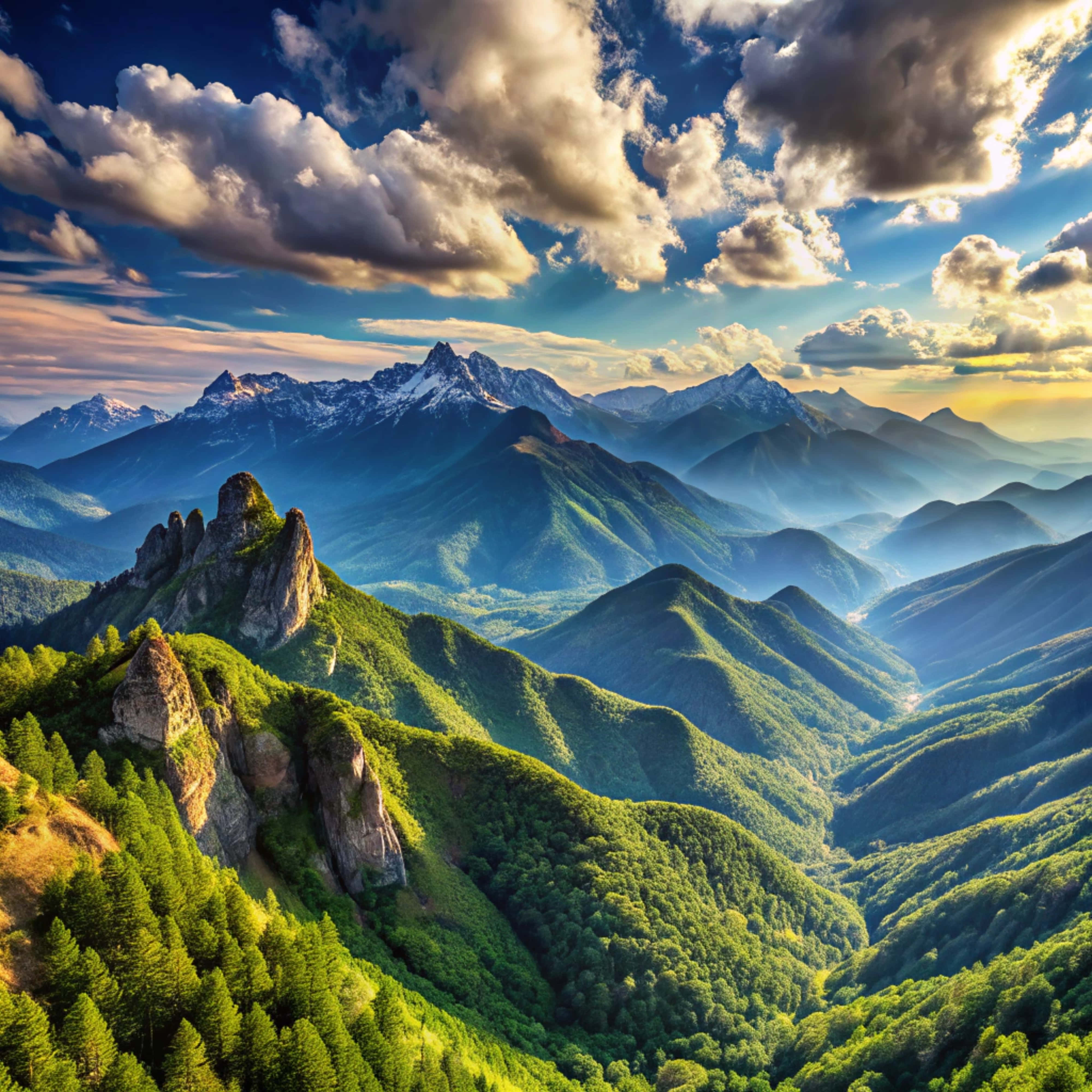 lush green mountains, jagged rock formations, dramatic sky, 4K Desktop Wallpaper