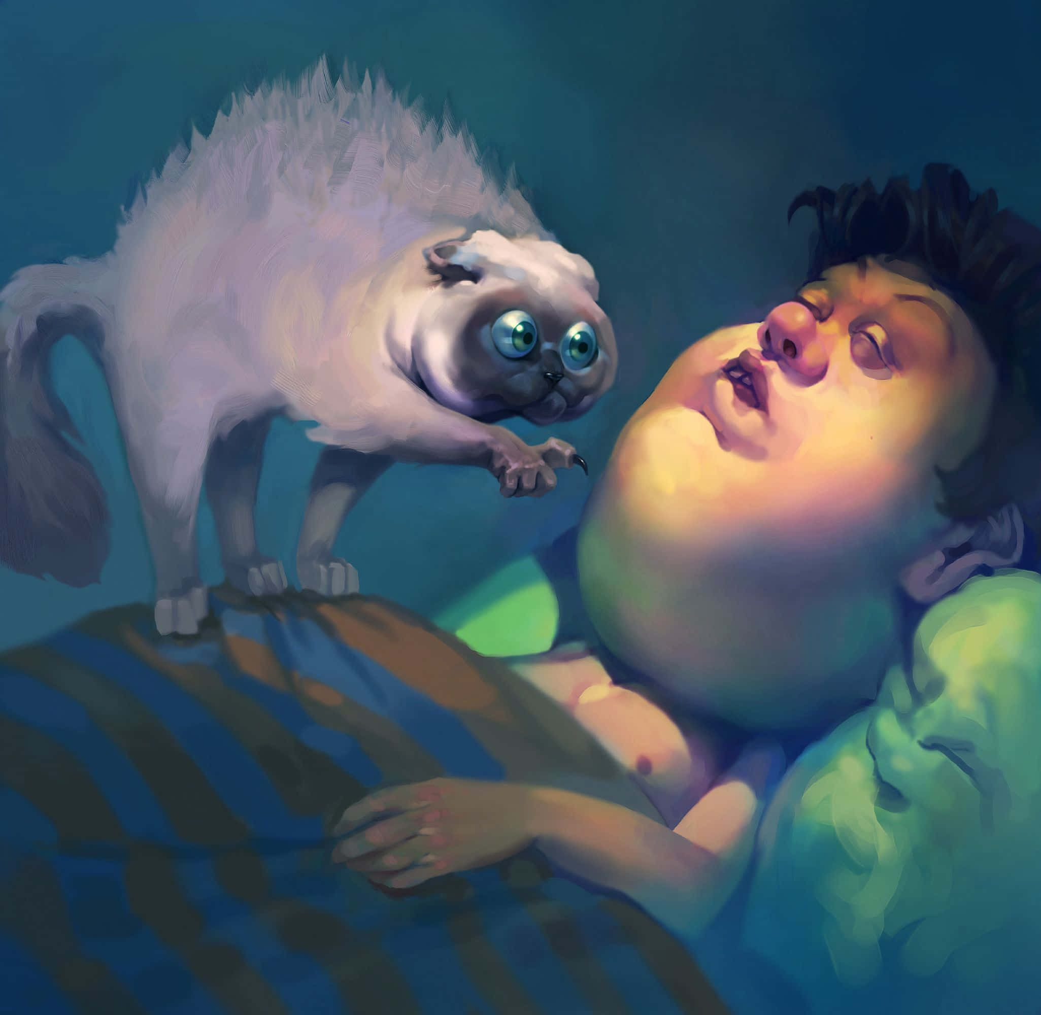 fluffy white cat, glowing blue eyes, sleeping person, Full HD Desktop Wallpaper